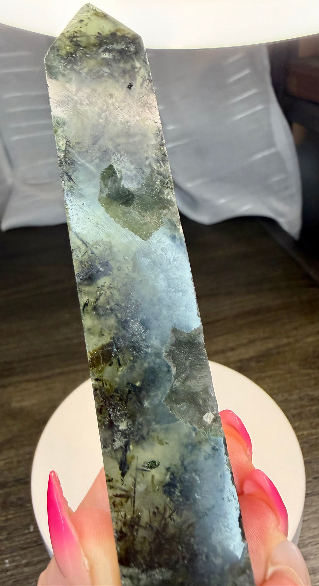 Prehnite with Epidote Crystal Tower Point - Half Polished Half Raw