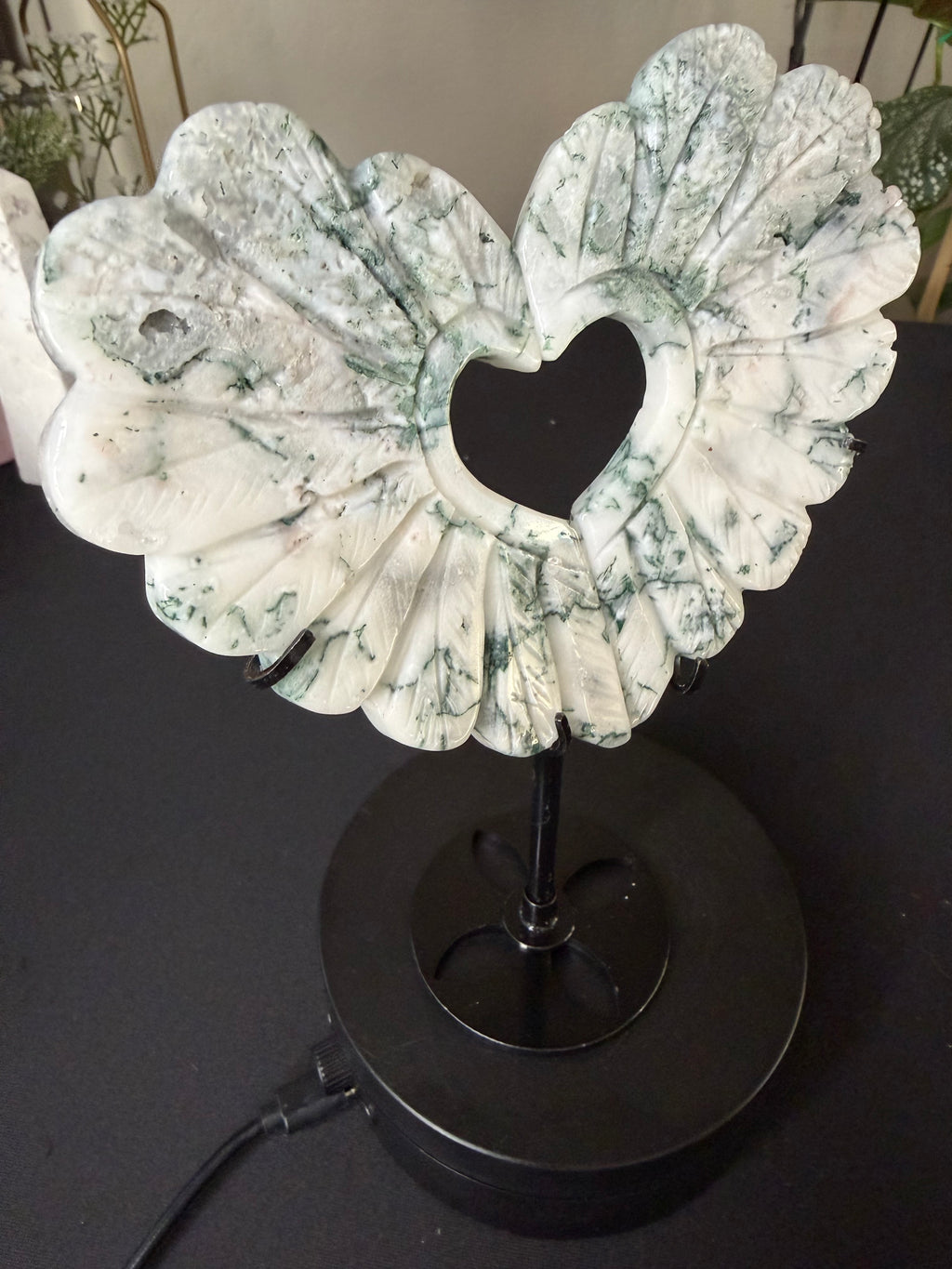 Tree Agate Heart Wing Carving with Stand