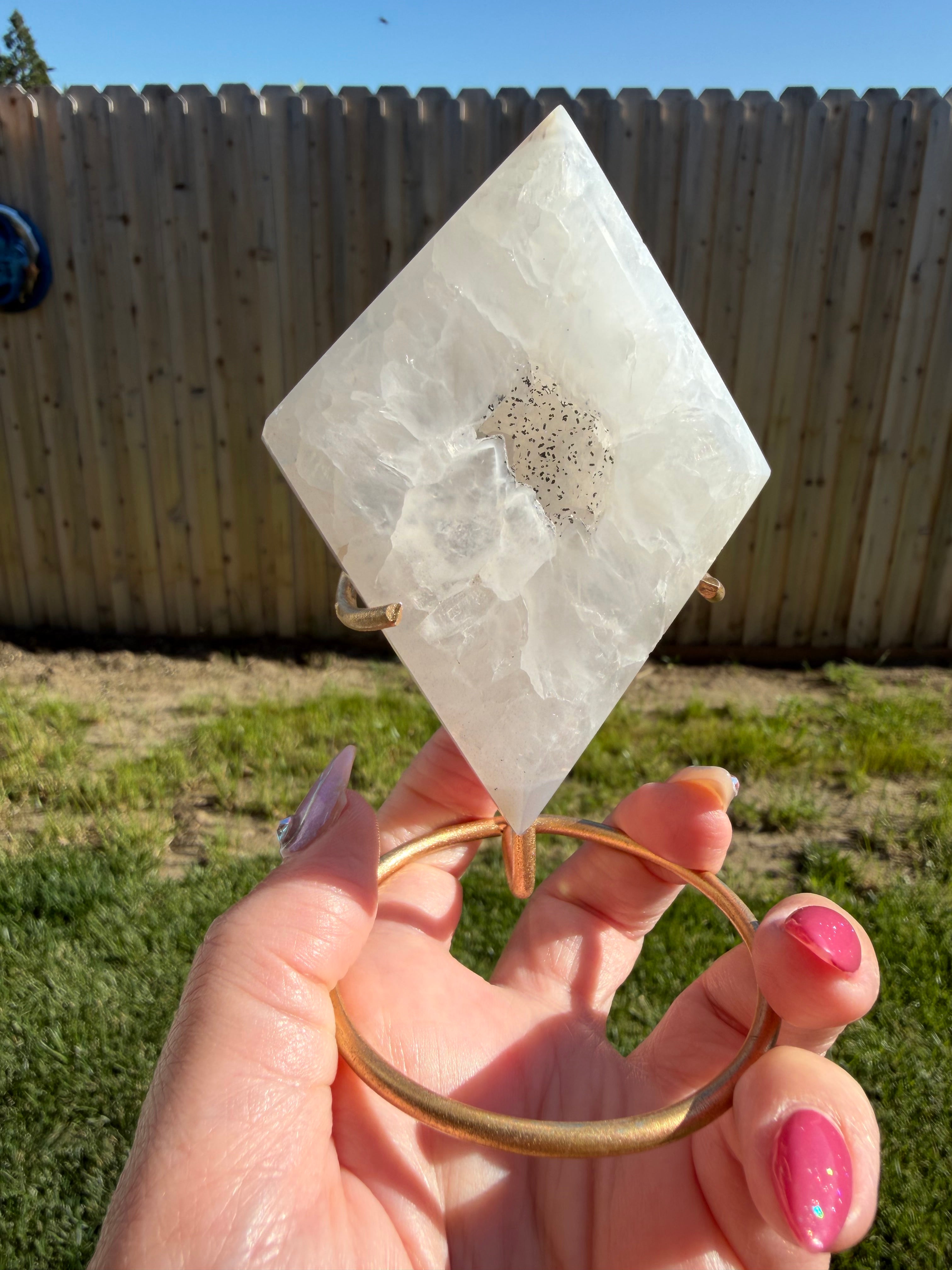Druzy Quartz Crystal Diamond Carving on Gold Stand