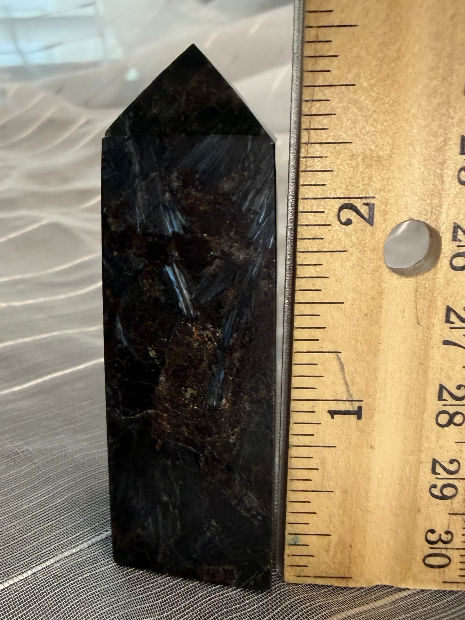 Arfvedsonite Polished Crystal Tower 2.5" - Black Stone with Blue Flash