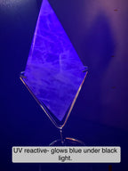 Green Fluorite Diamond Carving on Silver Metal Stand - UV Reactive Decor