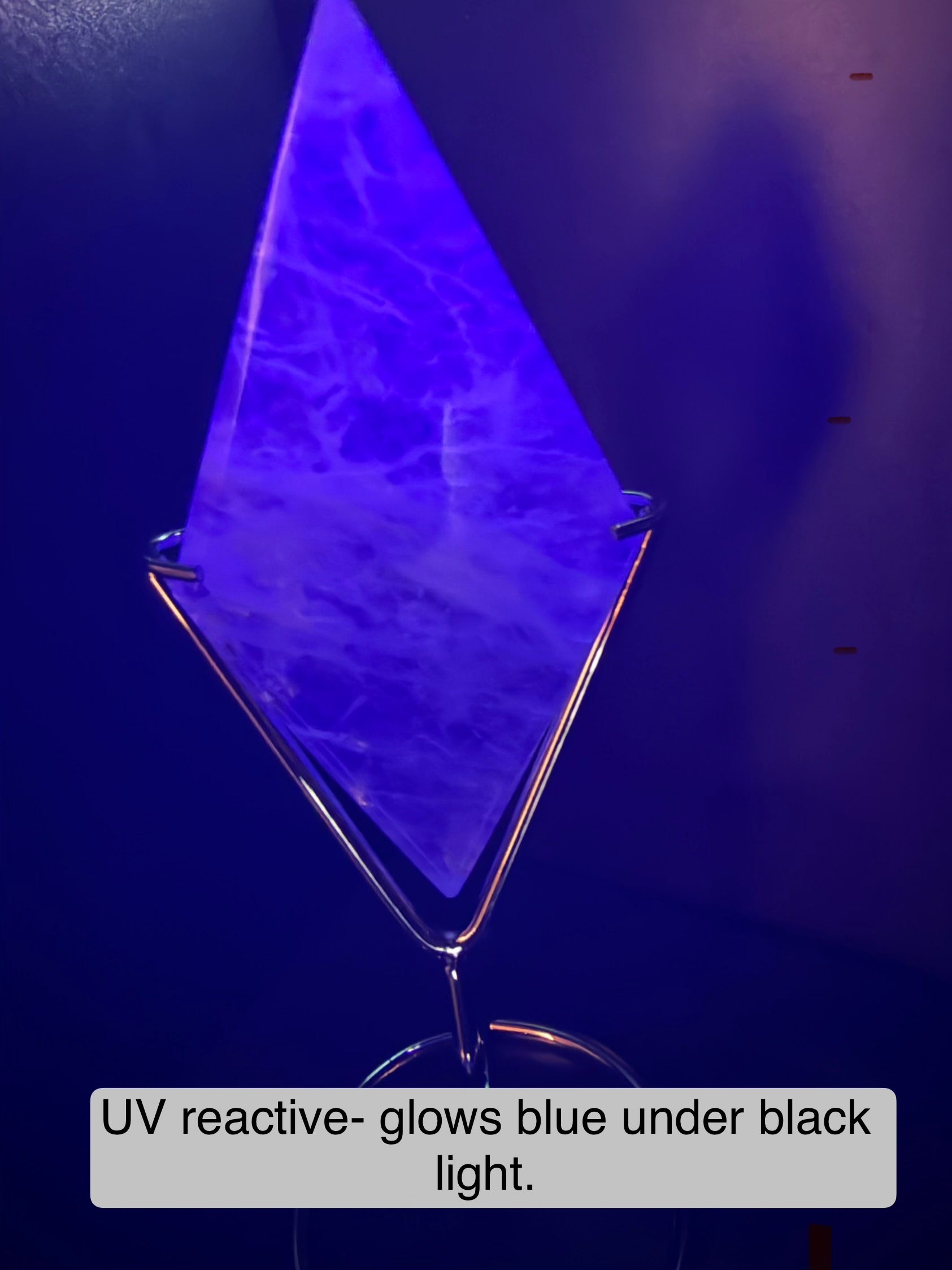 Green Fluorite Diamond Carving on Silver Metal Stand - UV Reactive Decor