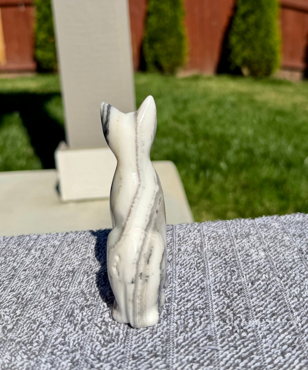 Zebra Calcite Sitting Cat Carving from Mexico - UV Reactive Stone Figurine