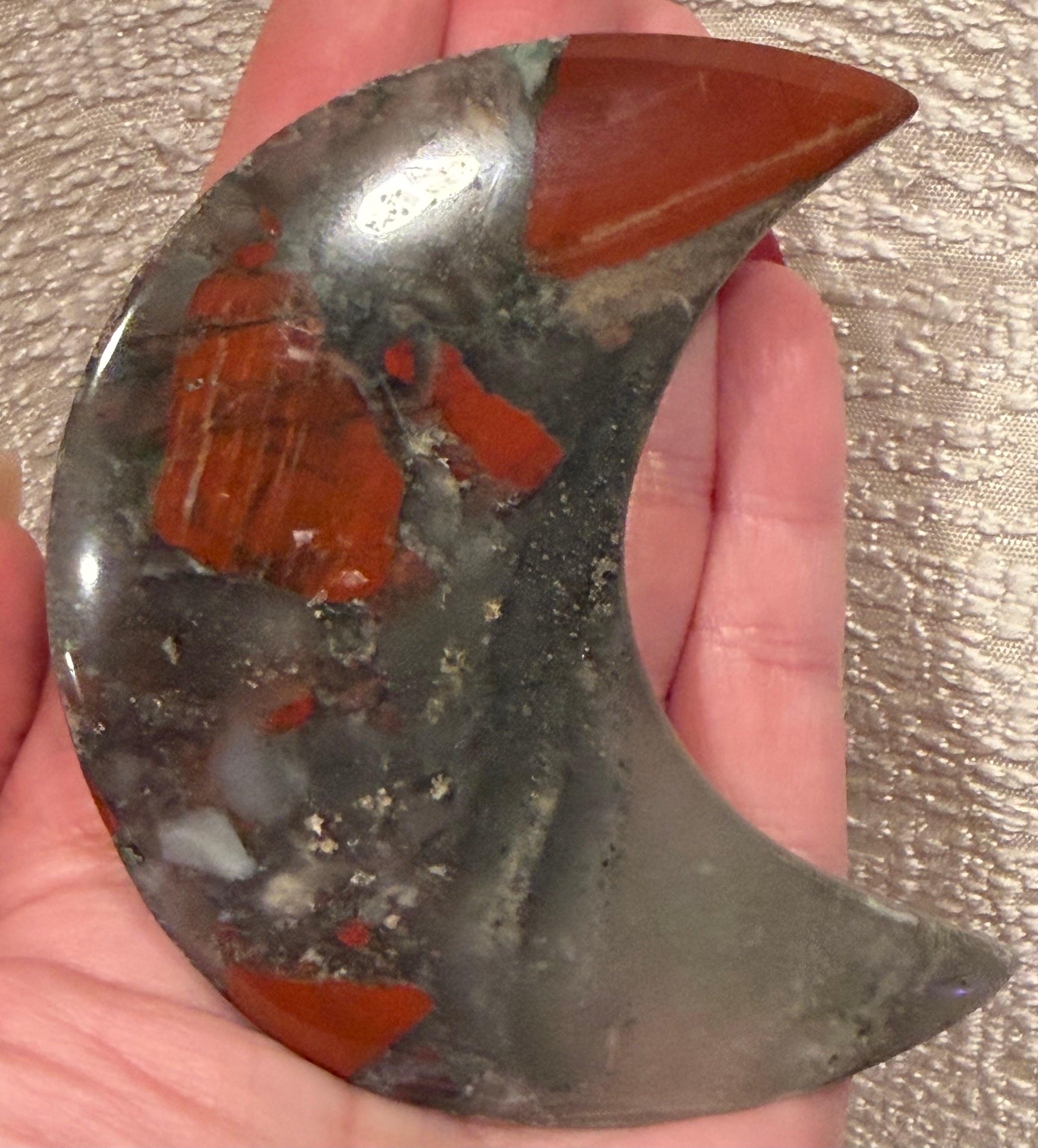 African Bloodstone Crescent Moon on Metal Stand - Natural Stone Decor