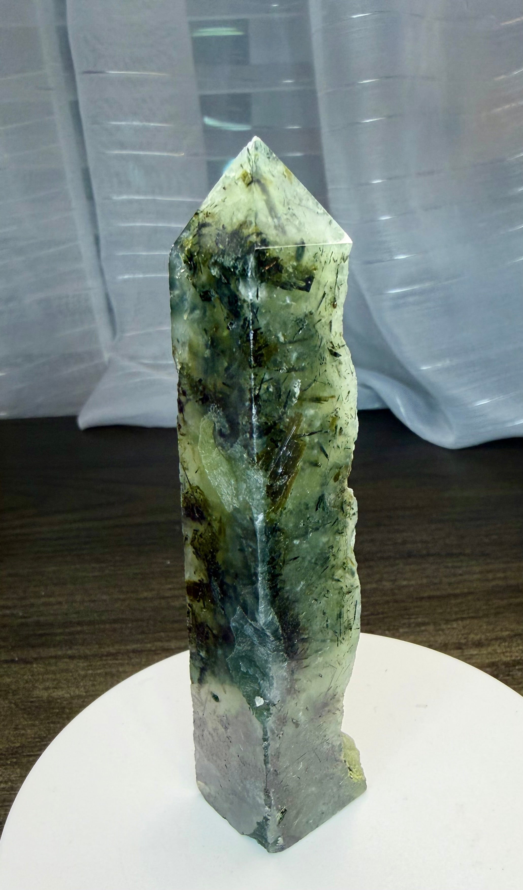 Prehnite with Epidote Crystal Tower Point - Half Polished Half Raw