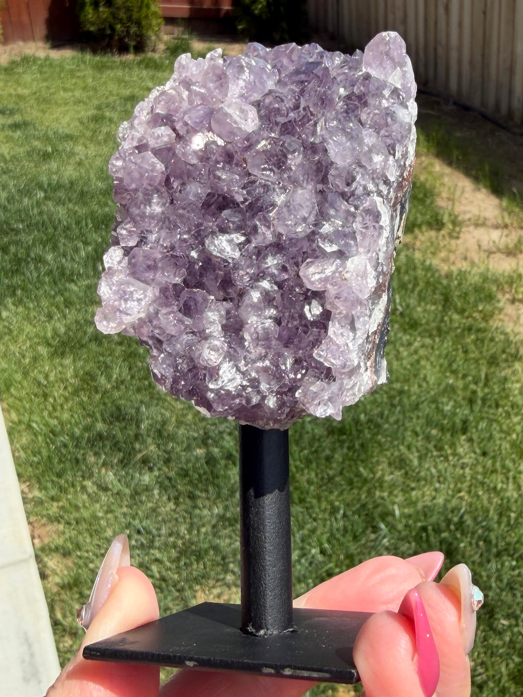 Amethyst Crystal Cluster on Metal Stand - Natural Purple Quartz Specimen