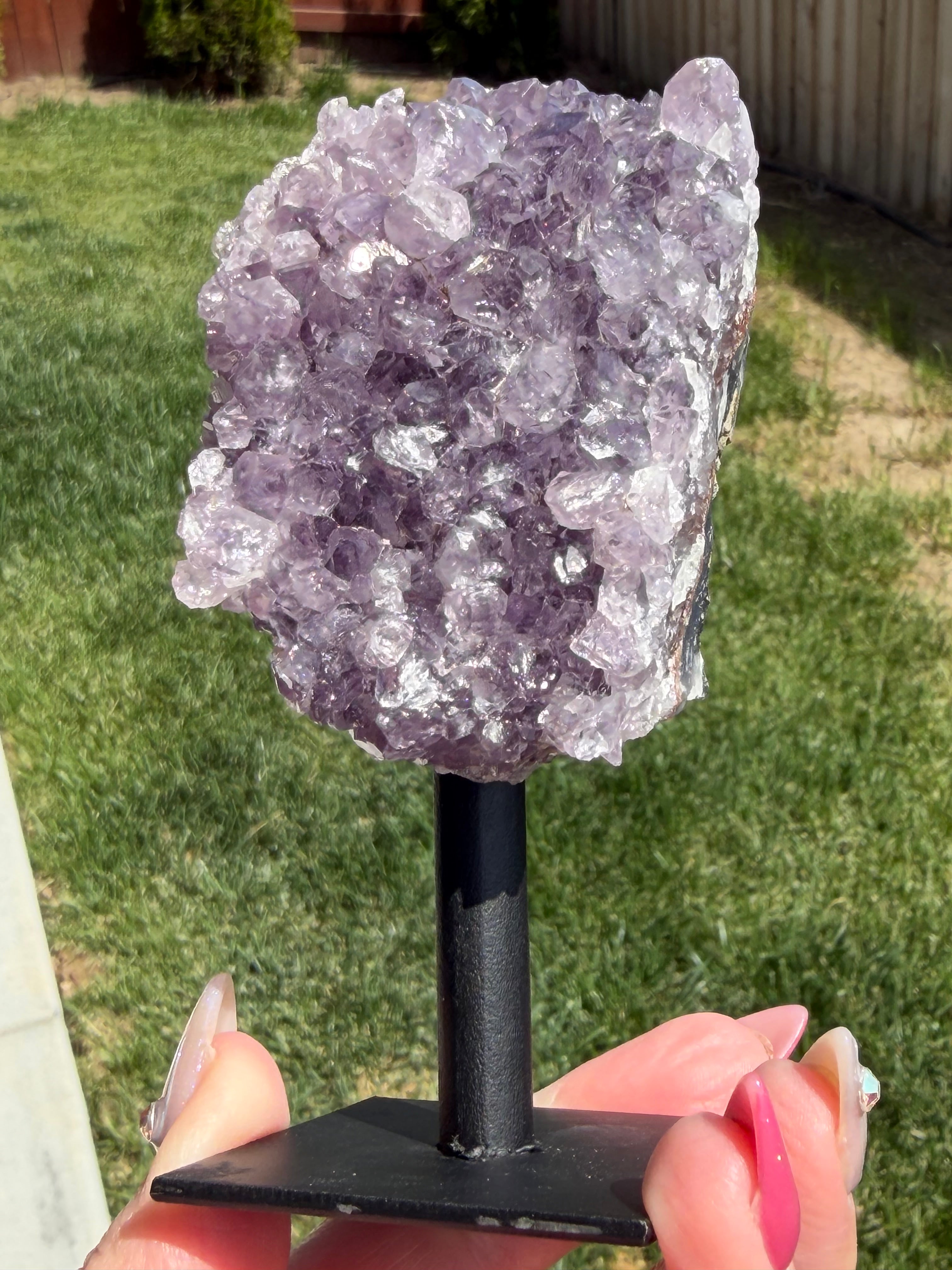 Amethyst Crystal Cluster on Metal Stand - Natural Purple Quartz Specimen