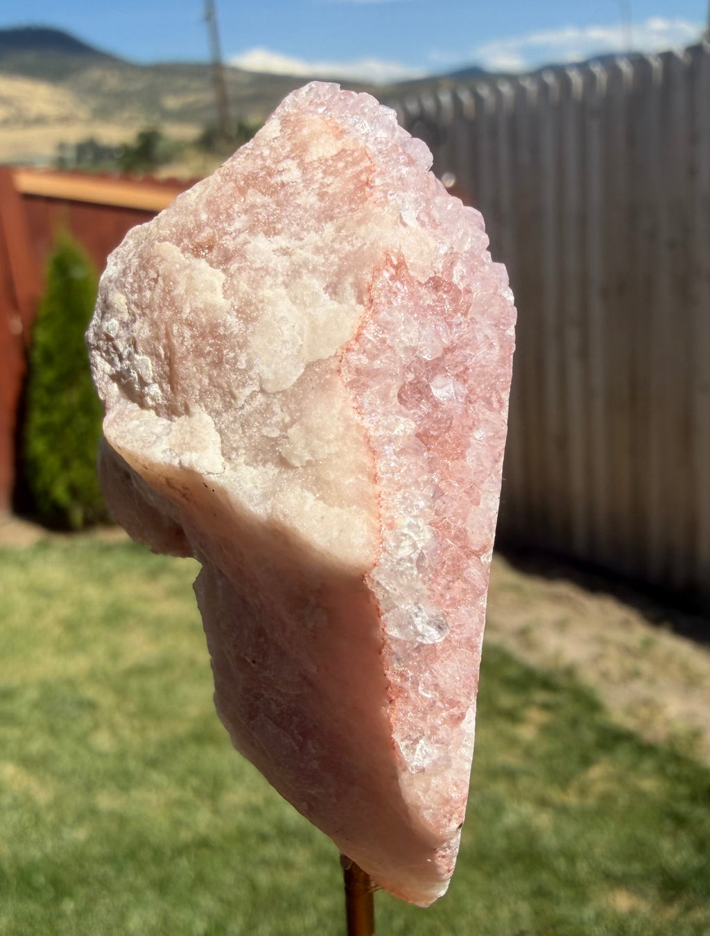 Pink Amethyst Druzy Slice on Gold Metal Stand - Natural Crystal Display