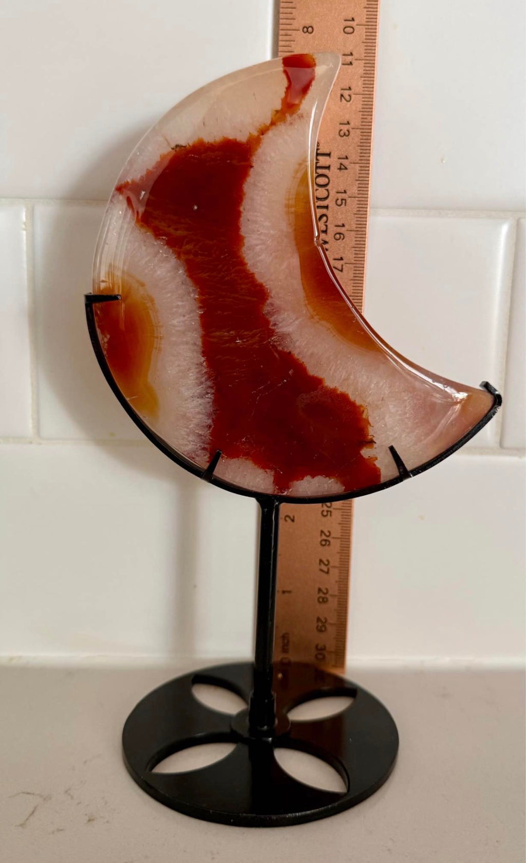 Beautiful Carnelian Agate Crescent Moon on Stand - Orange Red Natural Stone Decor