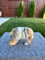 Zebra Calcite Bear Carving with Blue Onyx Fish - Banded Calcite Animal Statue