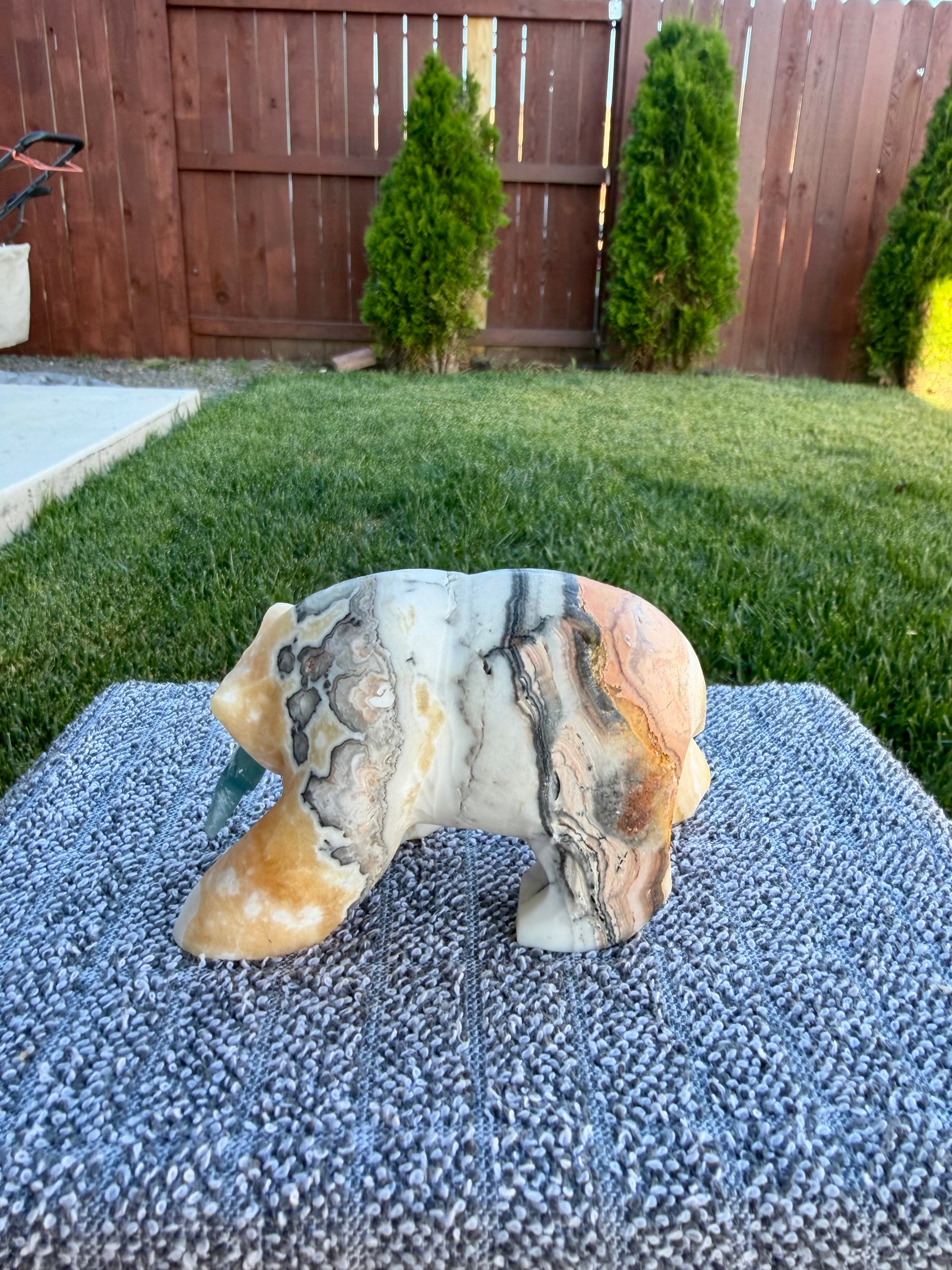 Zebra Calcite Bear Carving with Blue Onyx Fish - Banded Calcite Animal Statue