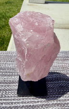 Large Natural Raw Rose Quartz Stone on Metal Stand