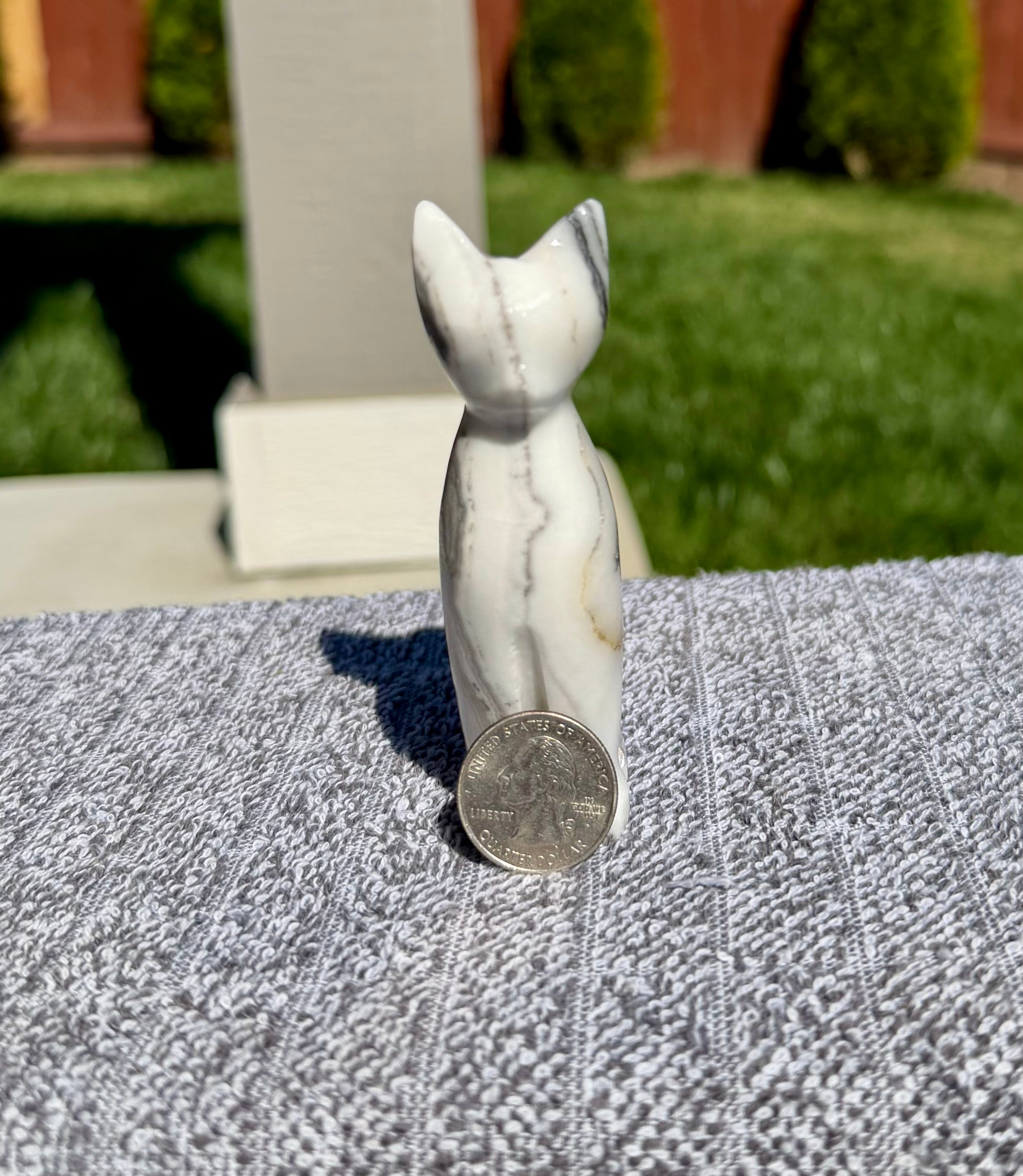 Zebra Calcite Sitting Cat Carving from Mexico - UV Reactive Stone Figurine