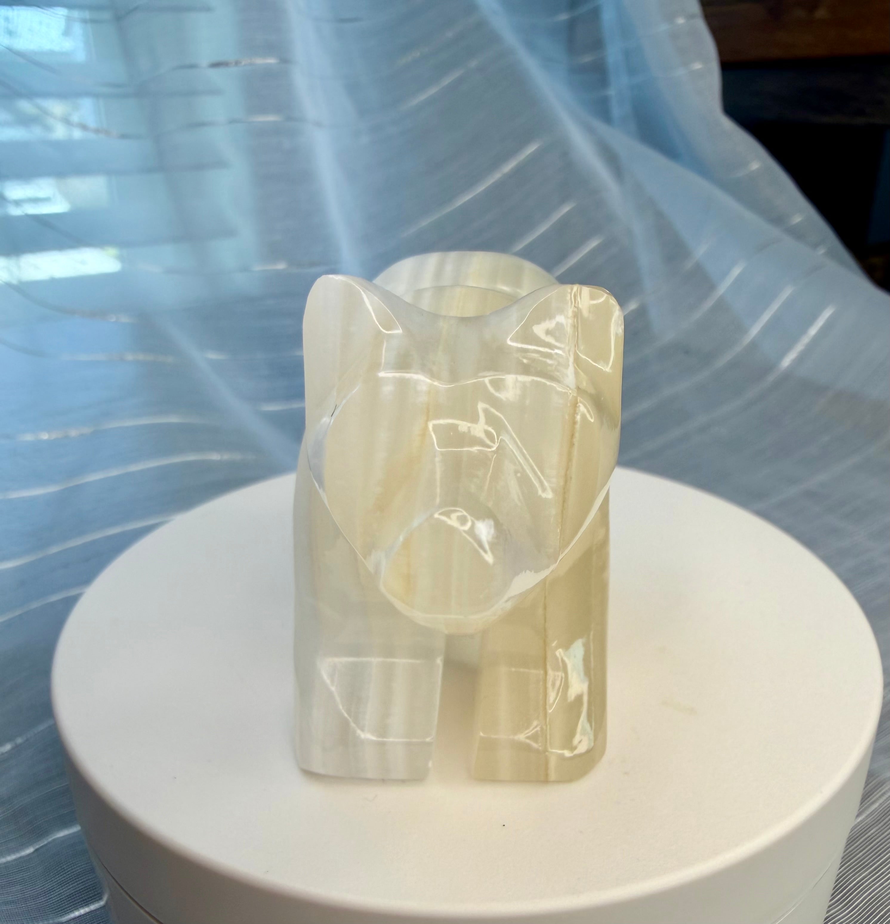 White Onyx Bear Carving - UV Reactive Banded Calcite Grizzly Figurine