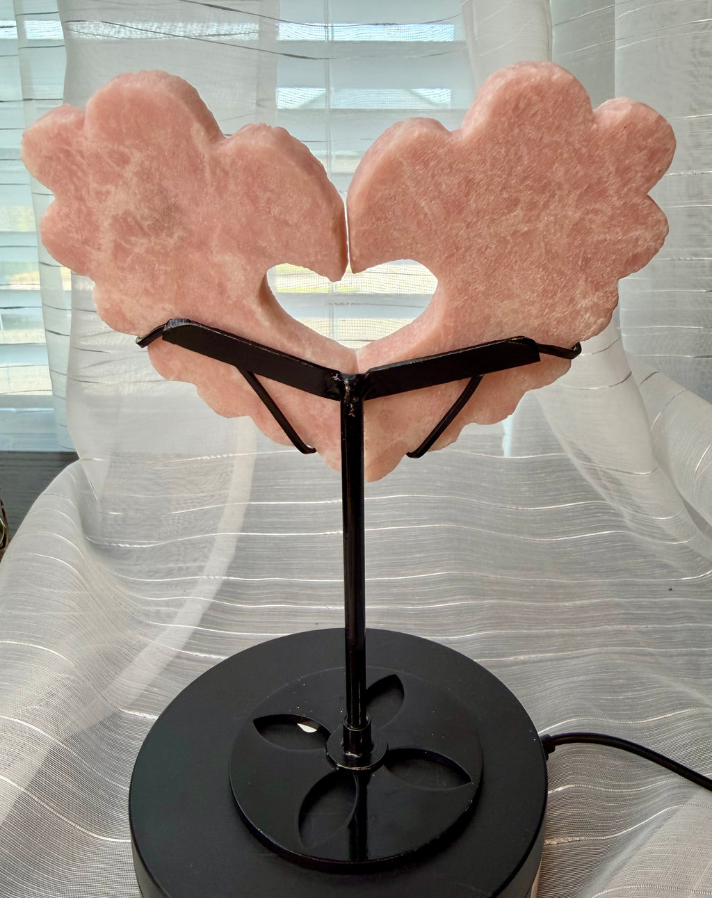 Pink Opal Angel Wing
Carving with Heart Cutout on Stand - Natural Stone Decor