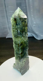 Prehnite with Epidote Crystal Tower Point - Half Polished Half Raw