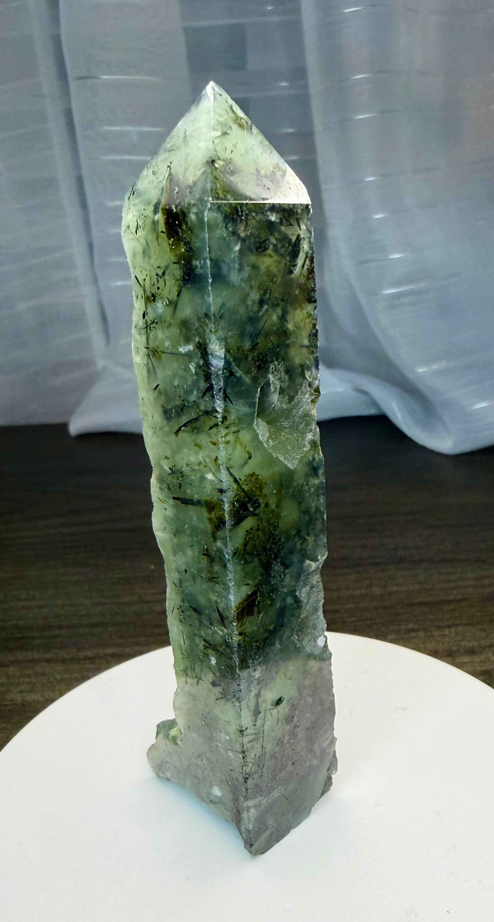 Prehnite with Epidote Crystal Tower Point - Half Polished Half Raw