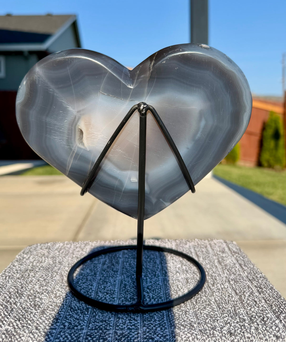 Gorgeous XL Druzy Blue Agate Heart on Stand - 2lb 11oz Banded w/ Sparkly Crystal Pocket