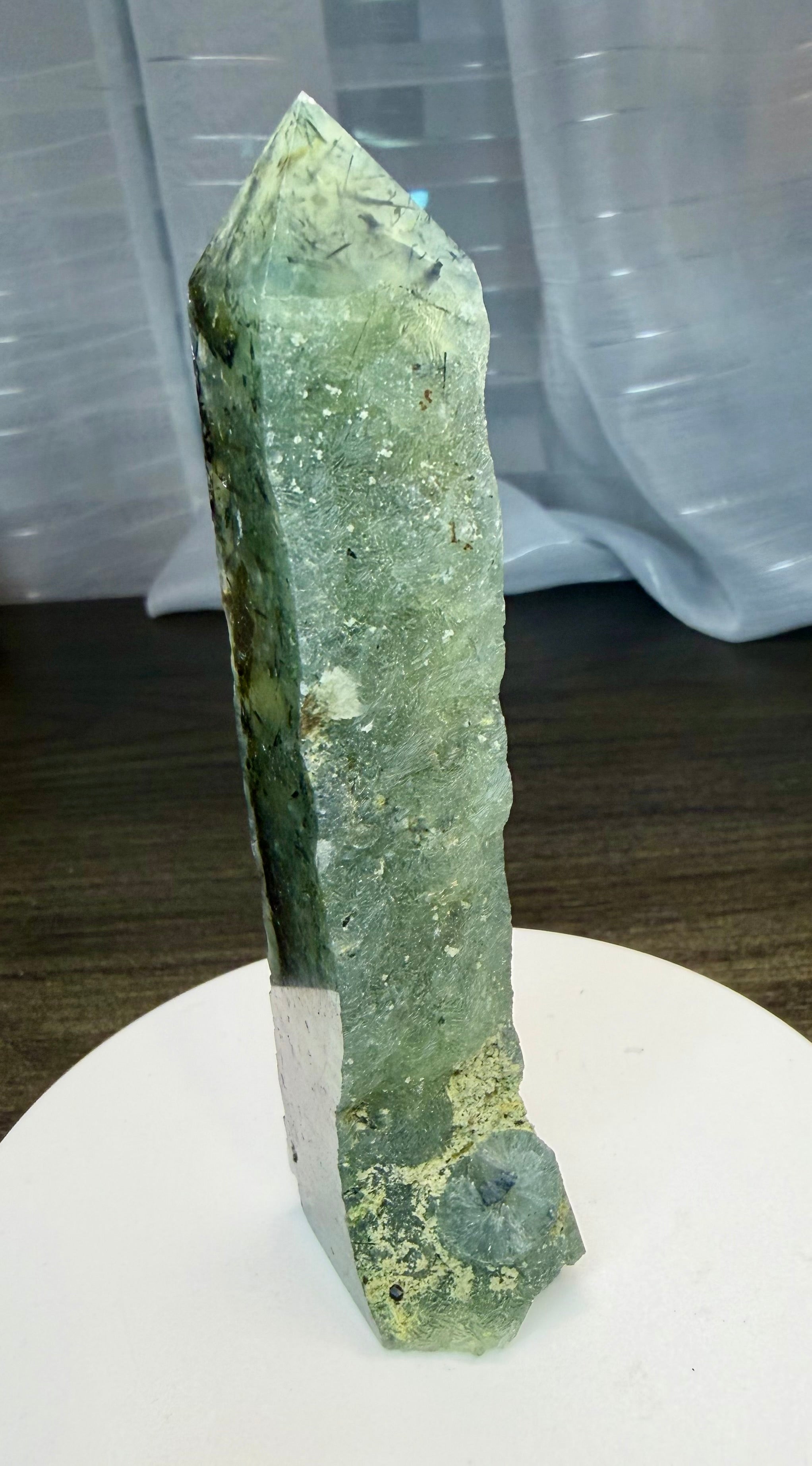 Prehnite with Epidote Crystal Tower Point - Half Polished Half Raw