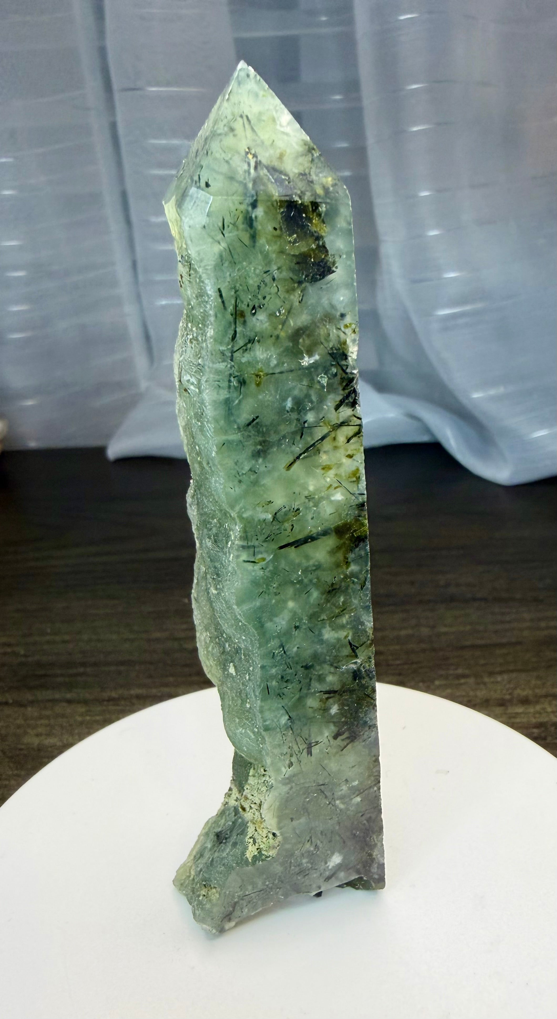 Prehnite with Epidote Crystal Tower Point - Half Polished Half Raw