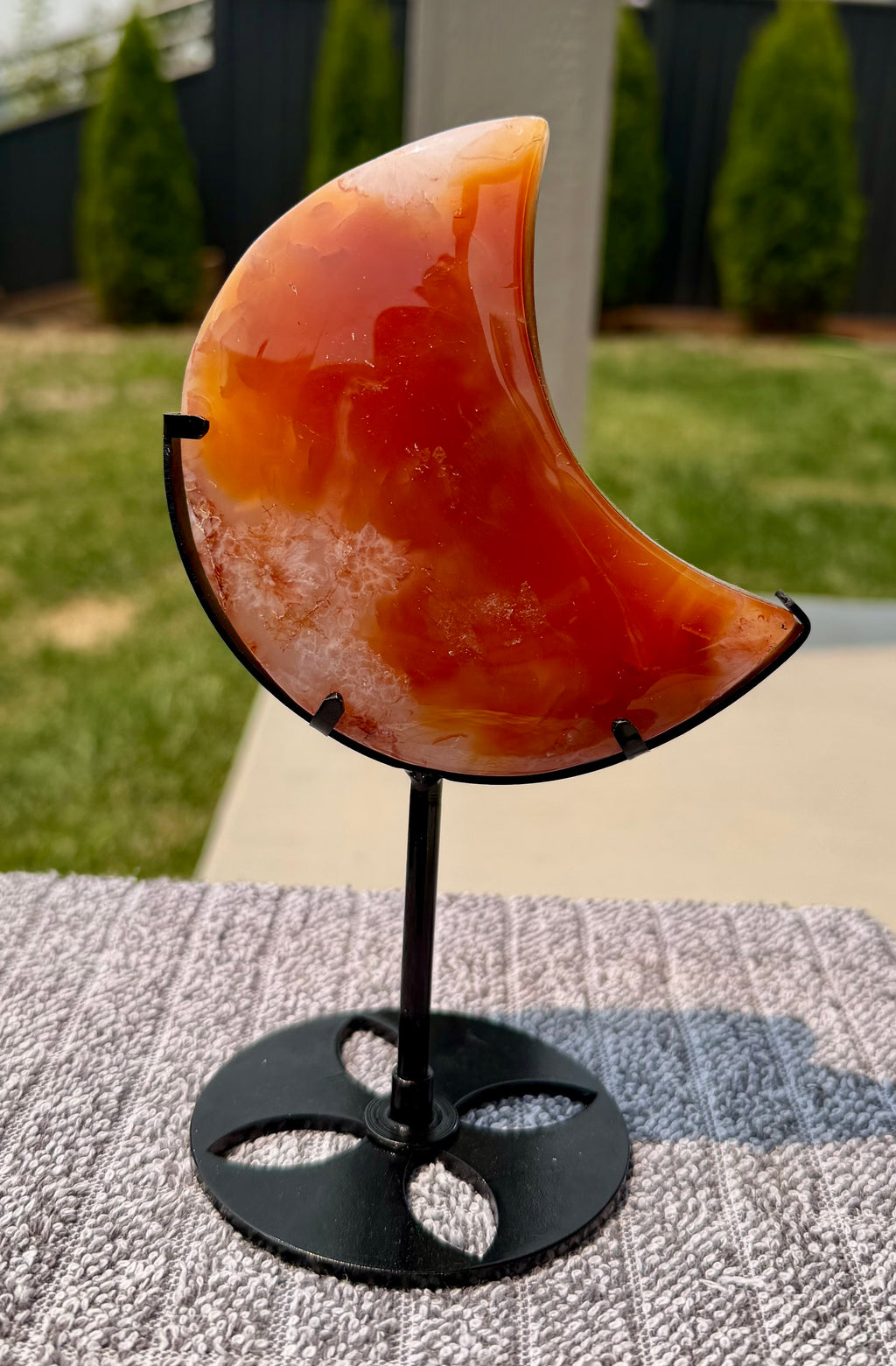 Carnelian Agate Crescent Moon on Stand - Natural Orange Stone 7" Display