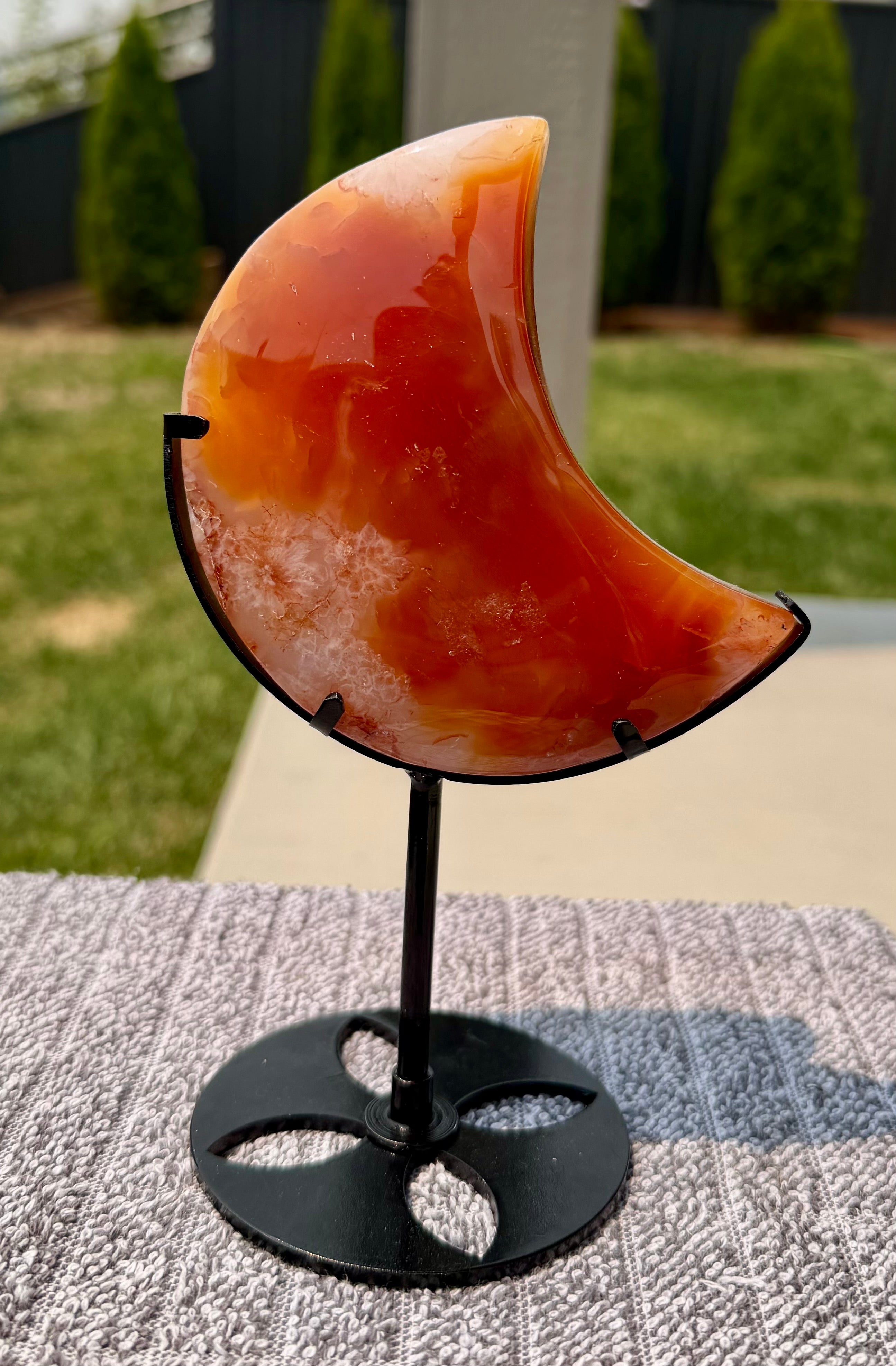 Carnelian Agate Crescent Moon on Stand - Natural Orange Stone 7" Display