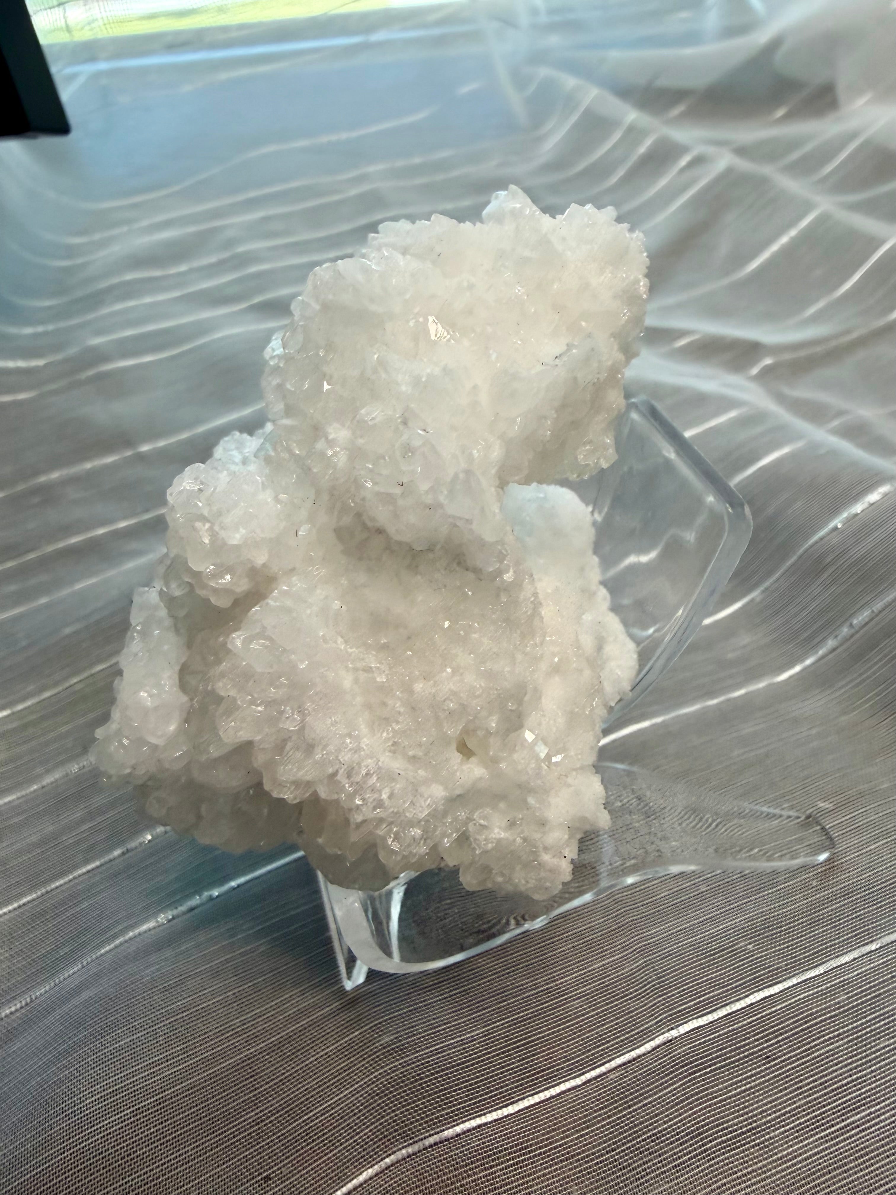 White Calcite Crystal
Cluster 3.5" -
Sparkling Mineral Specimen on Stand