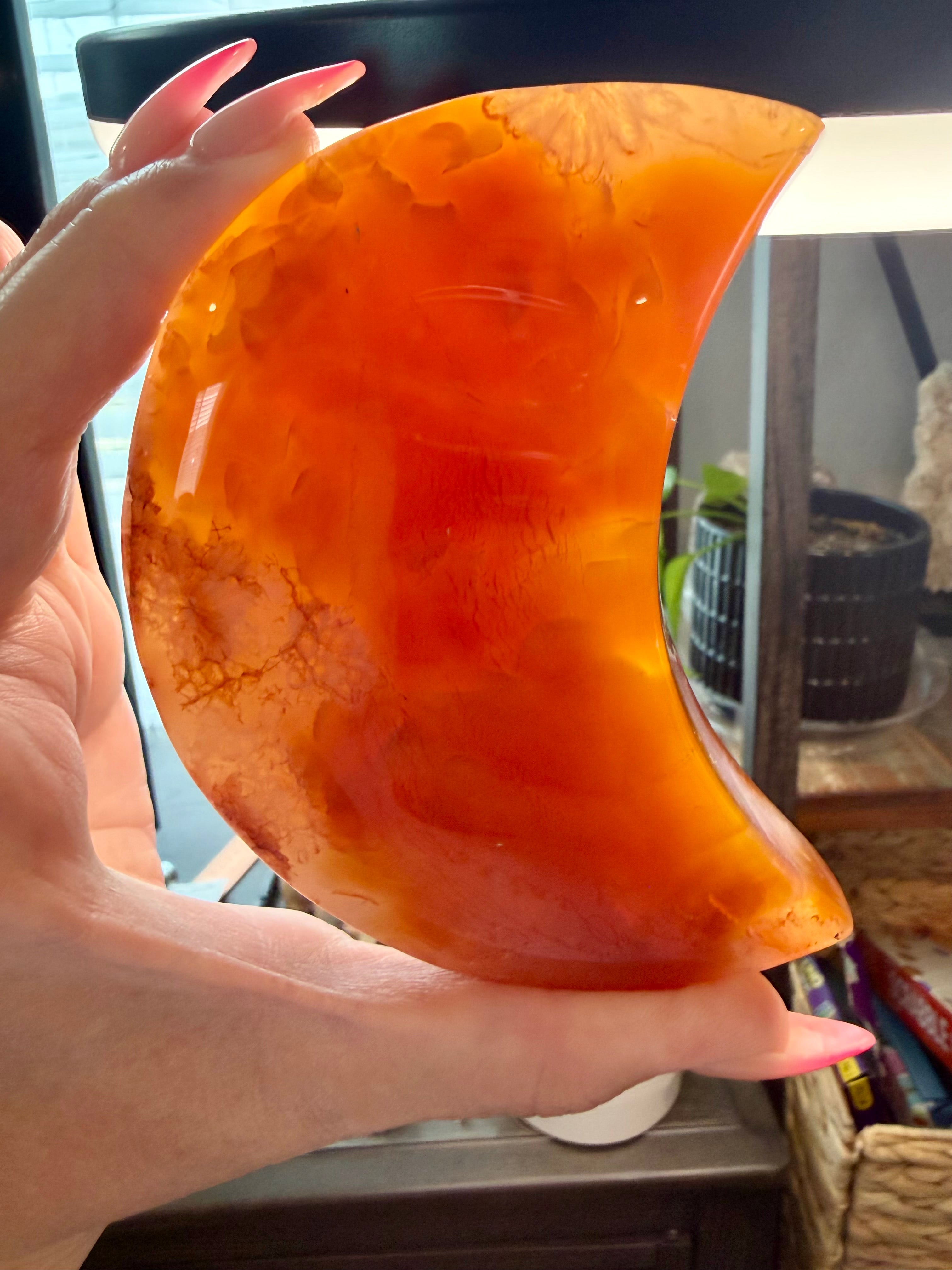 Carnelian Agate Crescent Moon on Stand - Natural Orange Stone 7" Display