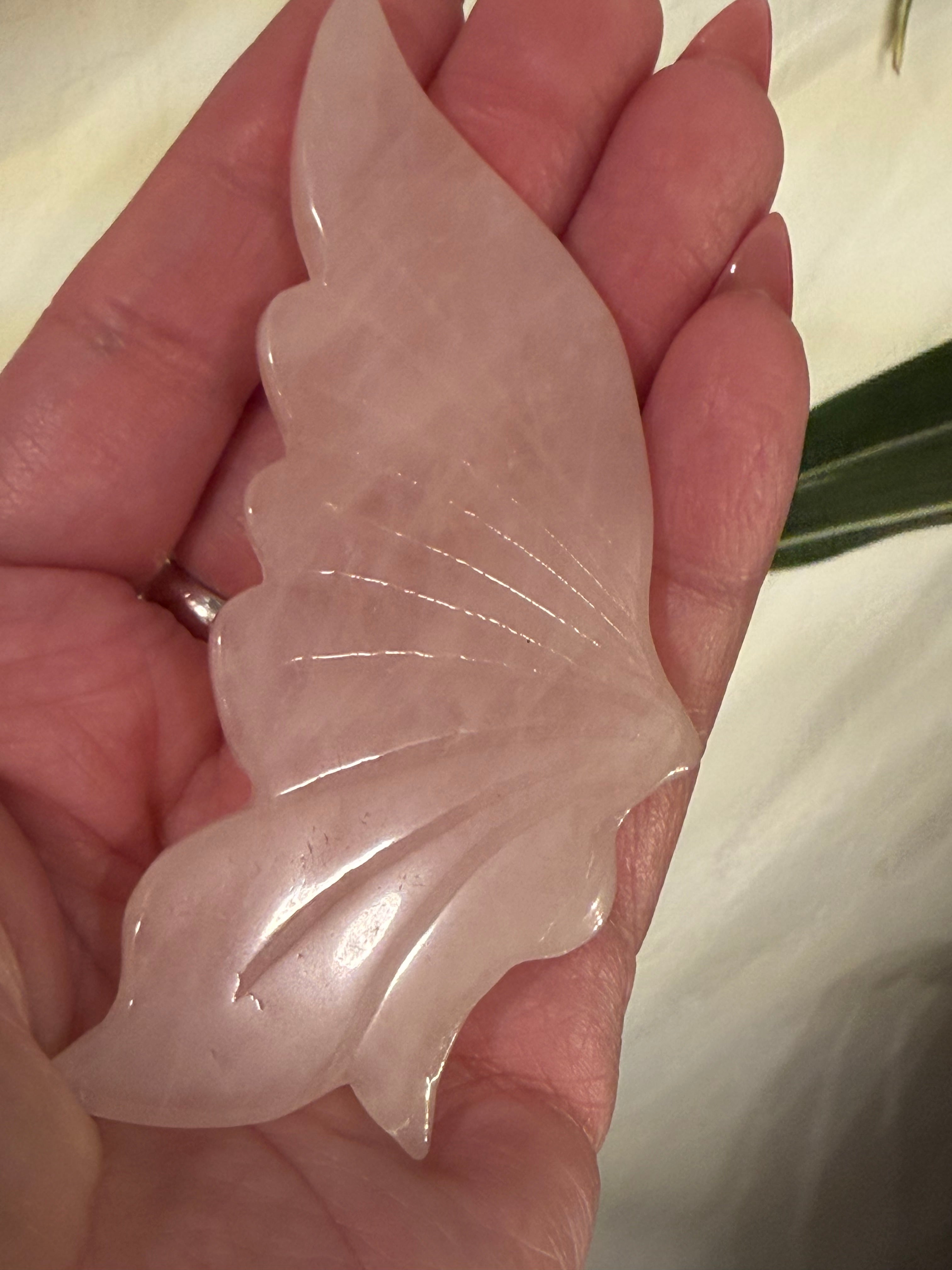 Rose Quartz Butterfly Wings on Metal Stand - Carved Natural Stone Decor