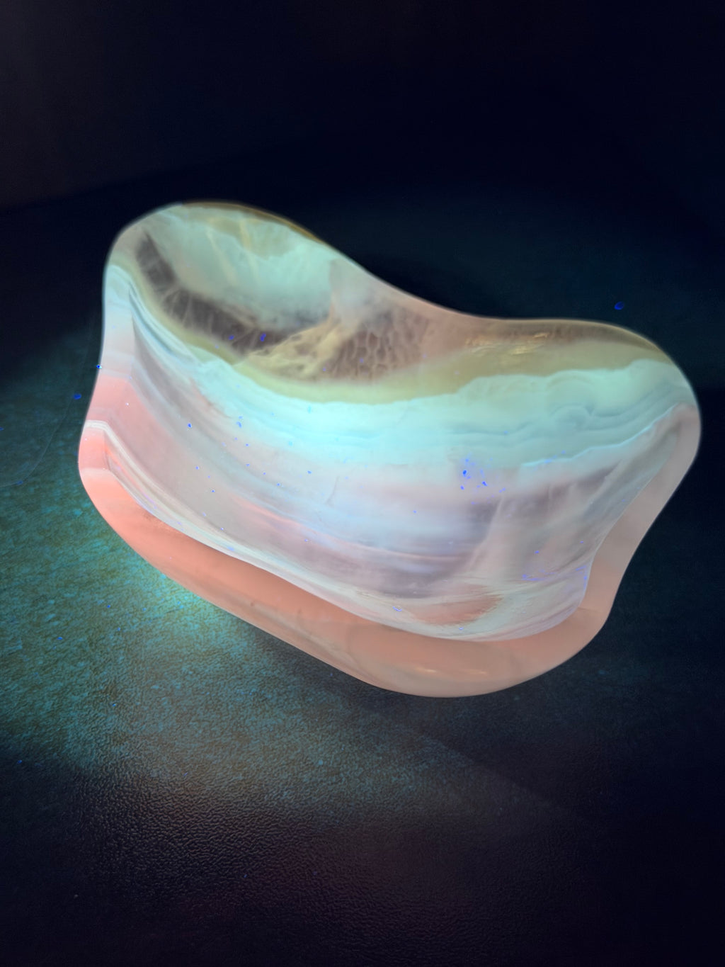 Polished Amber Onyx Bowl - Freeform Banded Stone Dish, UV Reactive