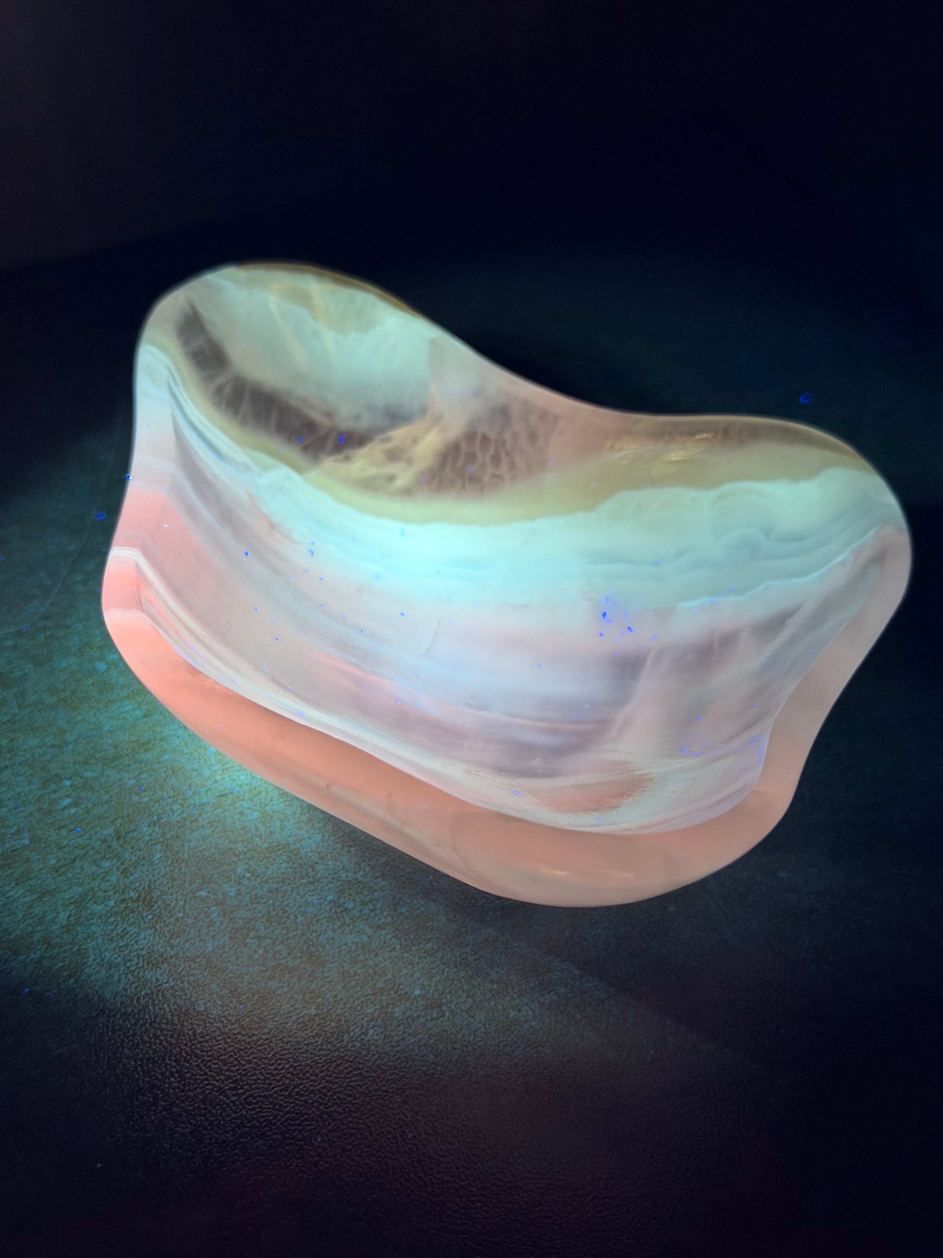 Polished Amber Onyx Bowl - Freeform Banded Stone Dish, UV Reactive