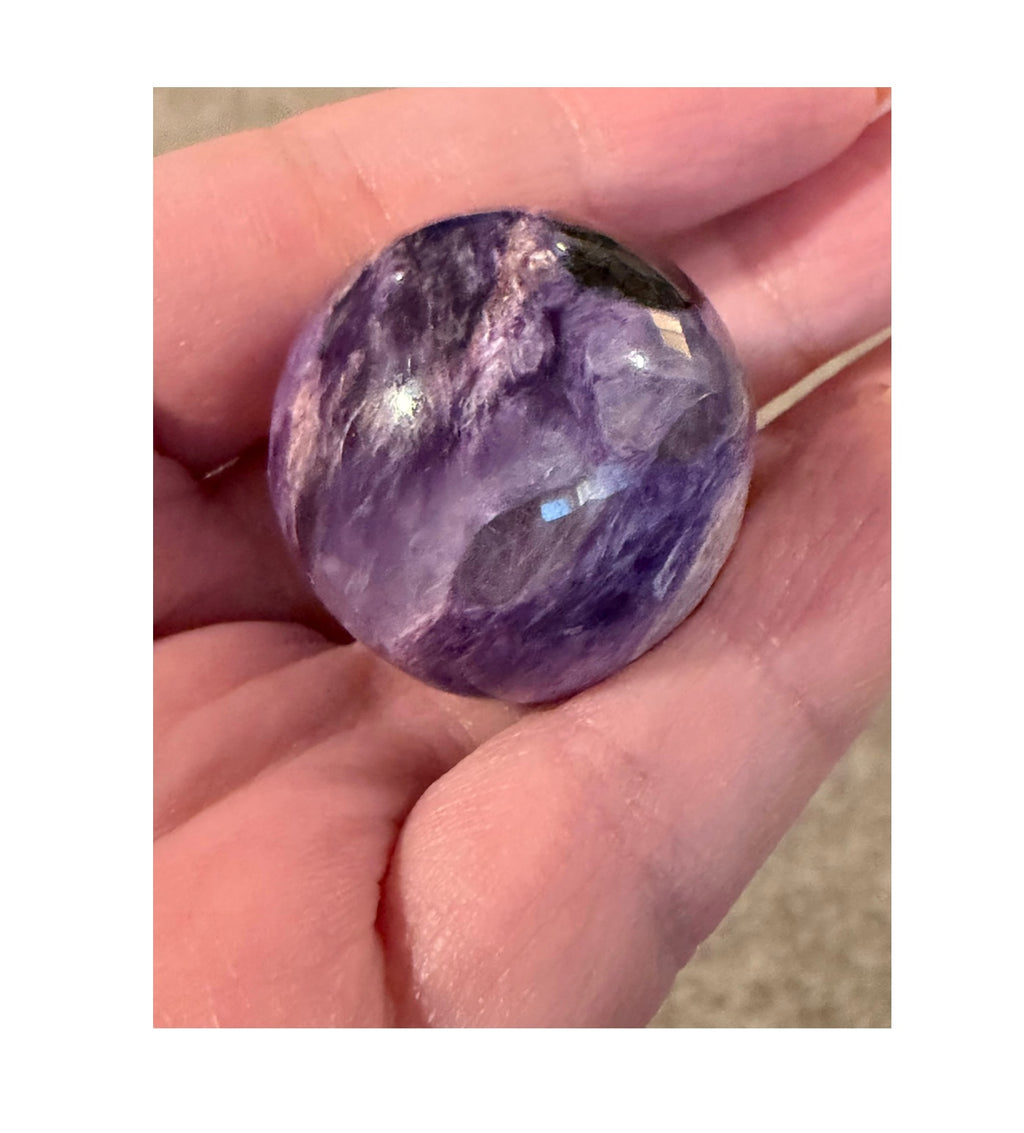 29mm AB Grade Russian Charoite Sphere - Purple Silky Crystal Ball with Stand