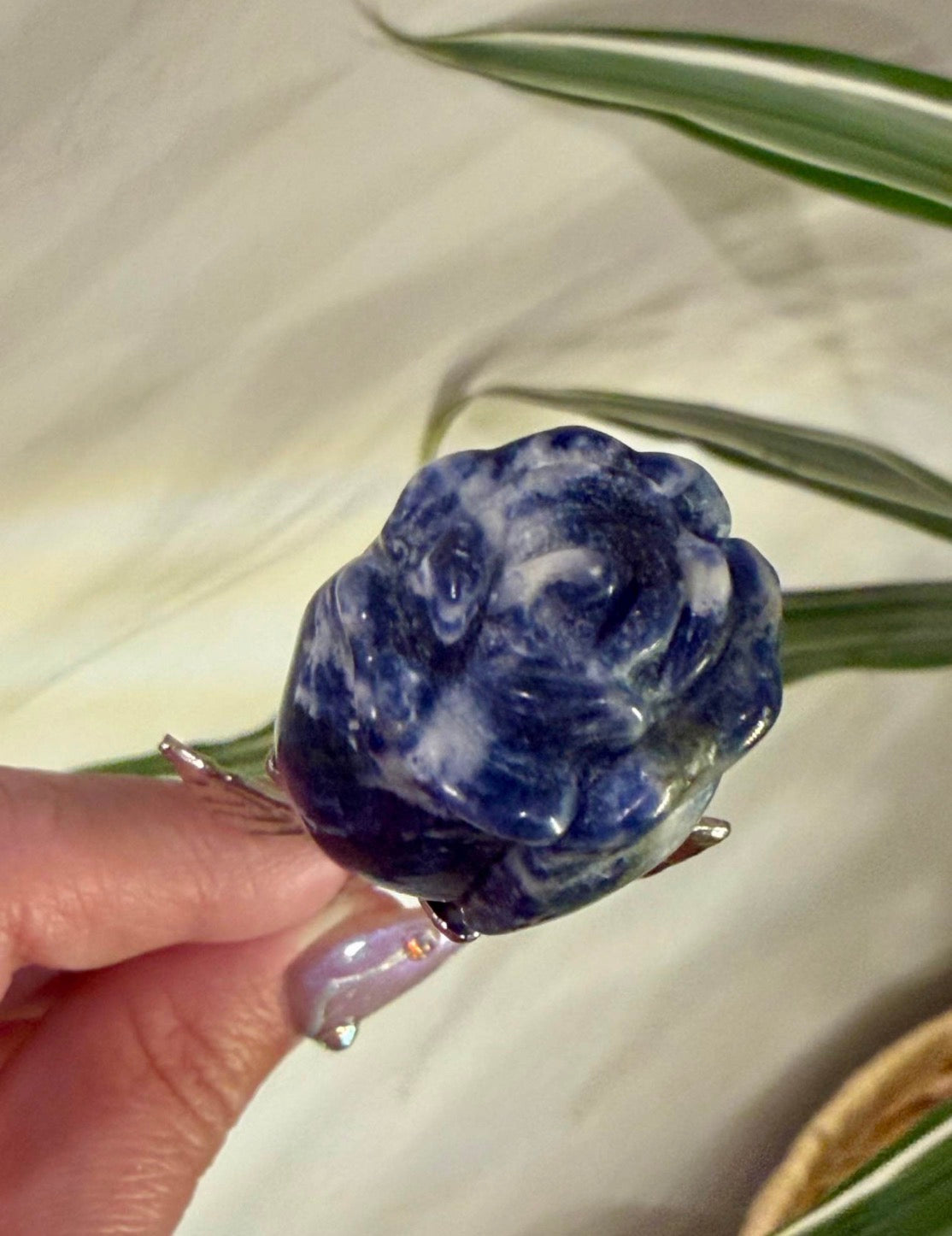 Sodalite Carved Rose on Silver Metal Stem - Natural Stone Flower Decor