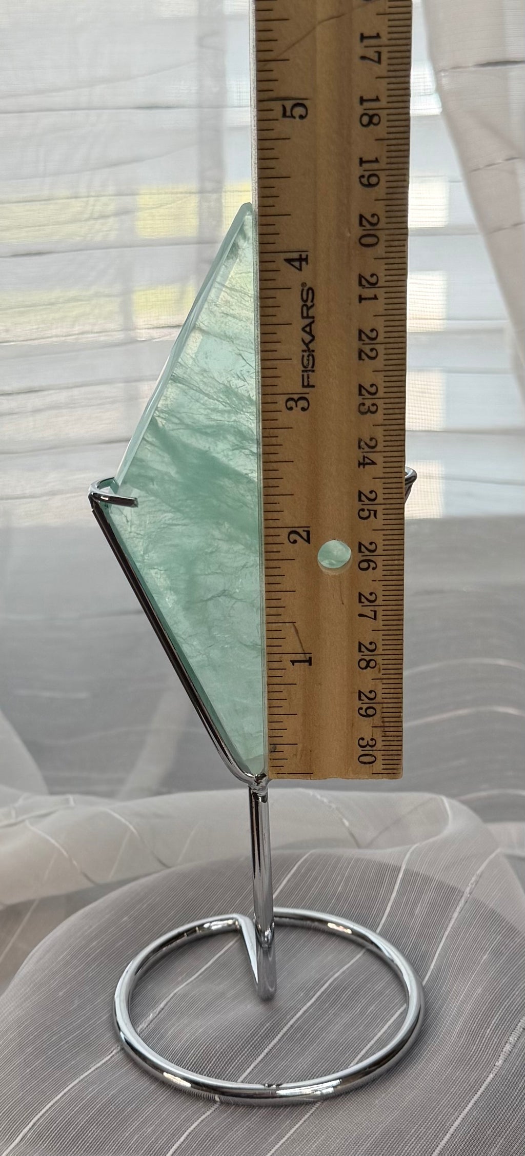 Green Fluorite Diamond Carving on Silver Metal Stand - UV Reactive Decor