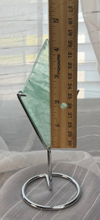 Green Fluorite Diamond Carving on Silver Metal Stand - UV Reactive Decor