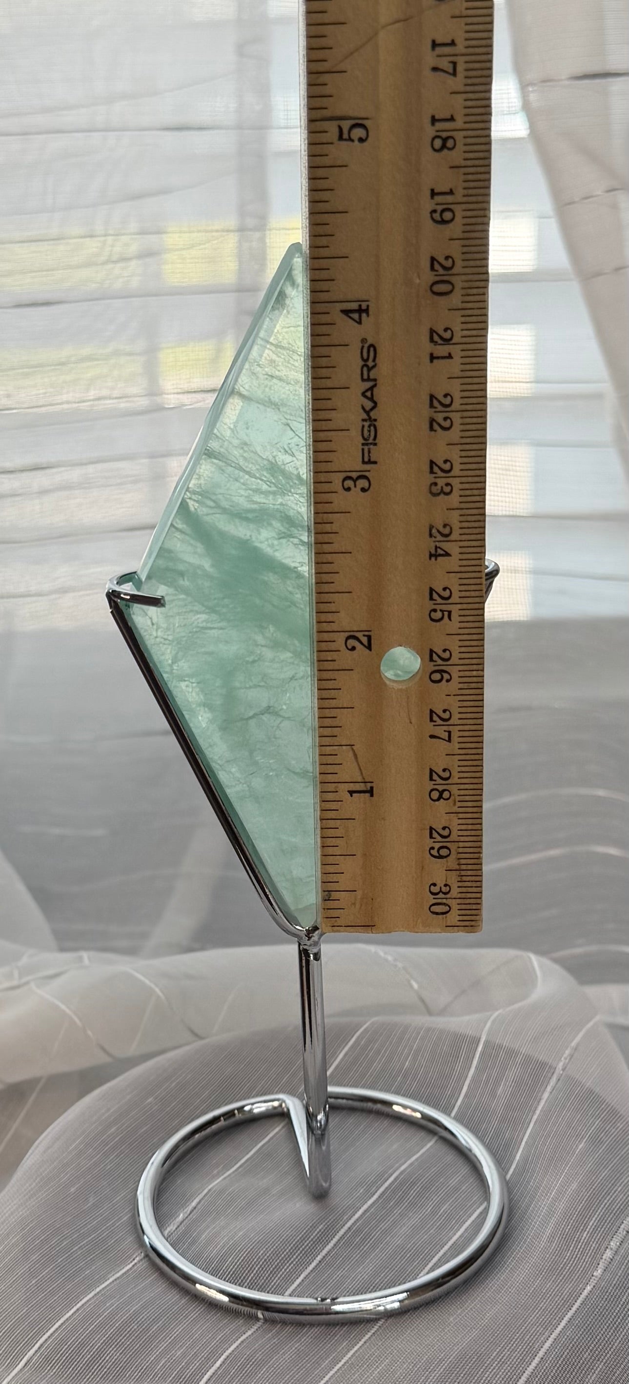 Green Fluorite Diamond Carving on Silver Metal Stand - UV Reactive Decor