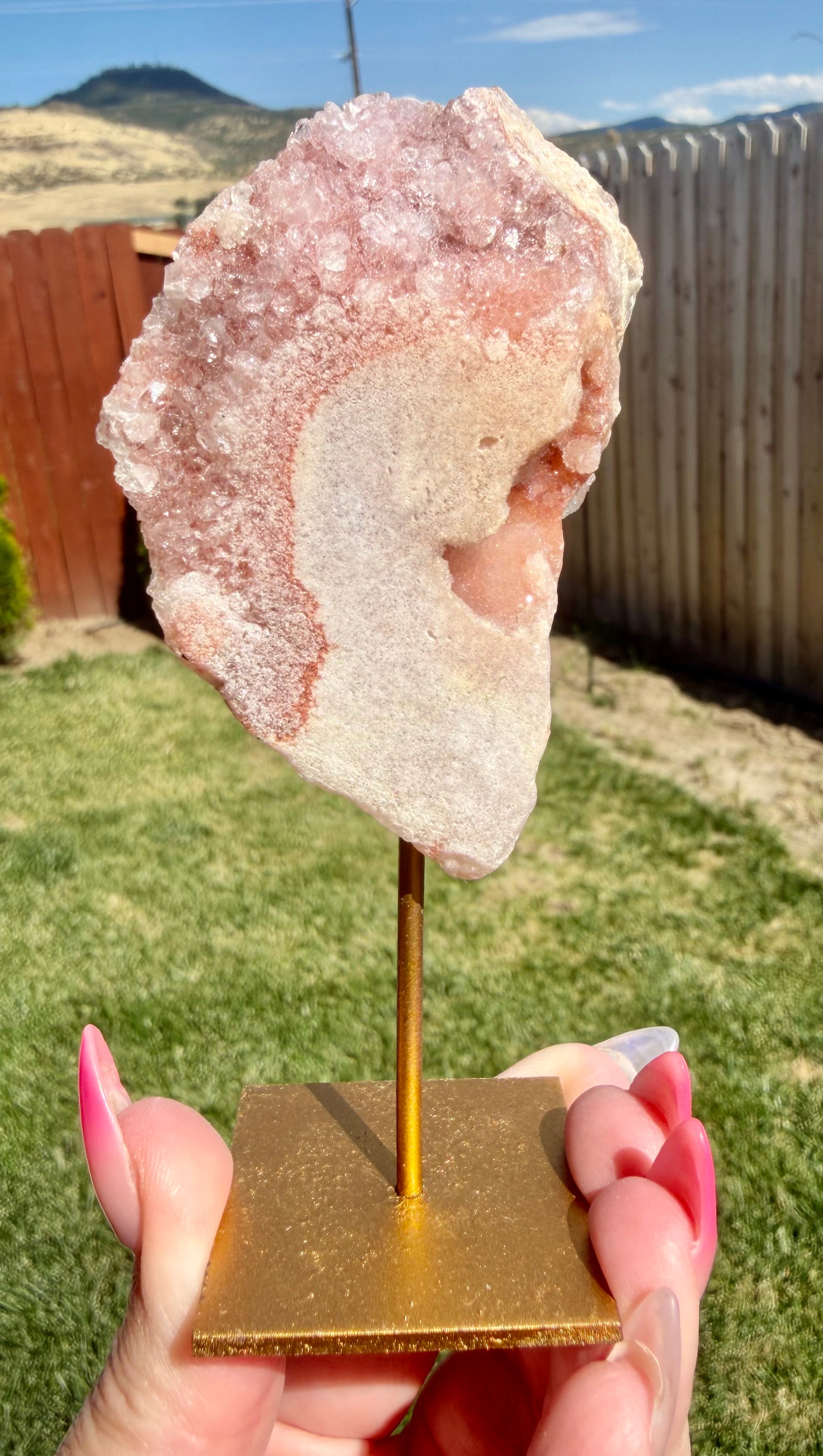 Pink Amethyst Druzy Slice on Gold Metal Stand - Natural Crystal Display