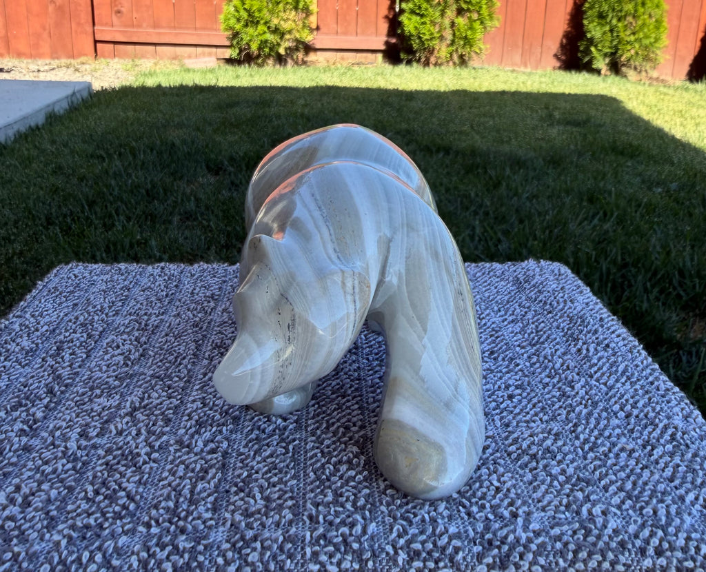 Large Mexican Onyx Hand Carved Bear Figurine 6.3" - Banded Stone Sculpture
