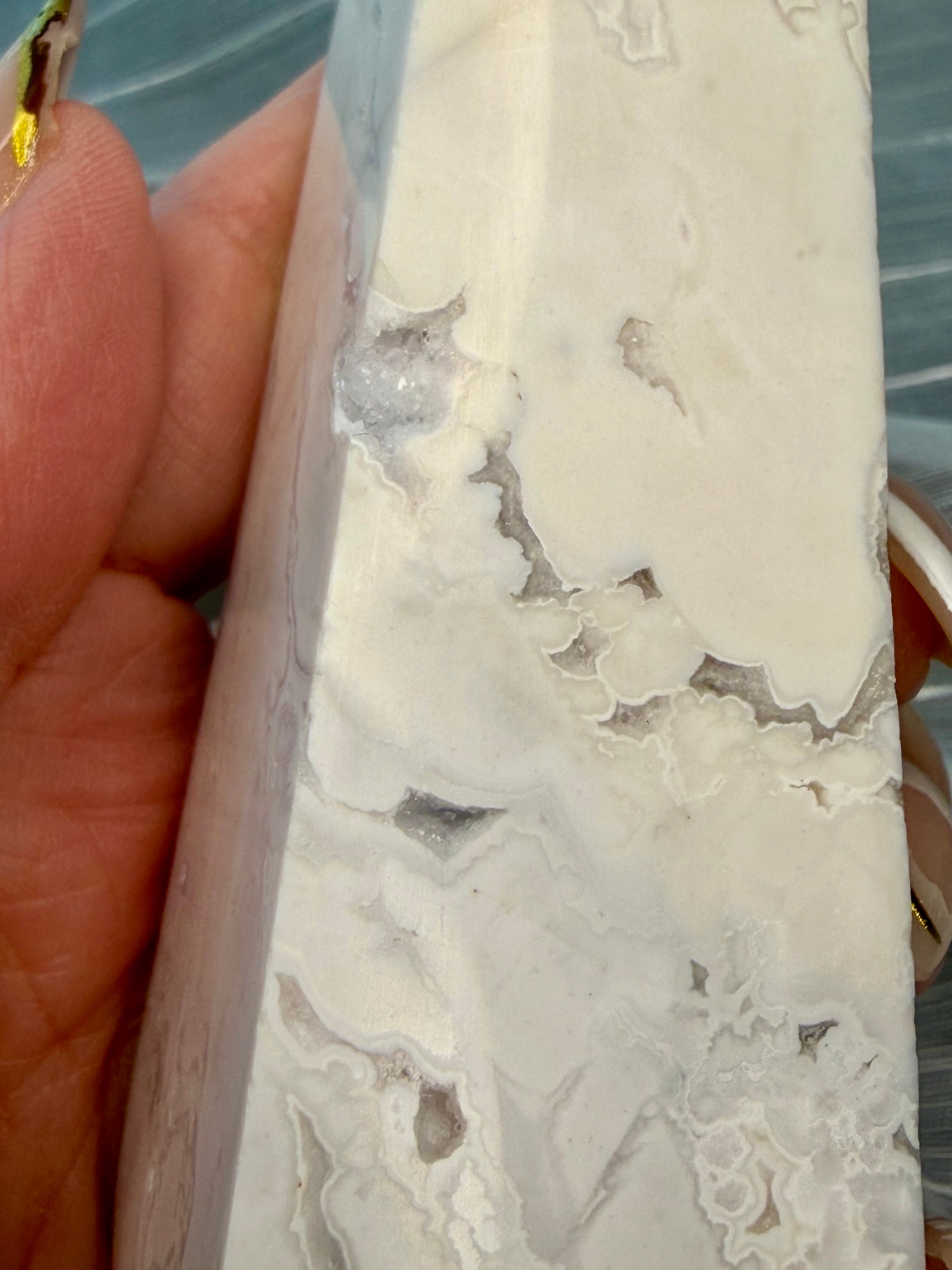 Polished White Druzy
Quartz Tower Obelisk -
Natural Mineral Specimen