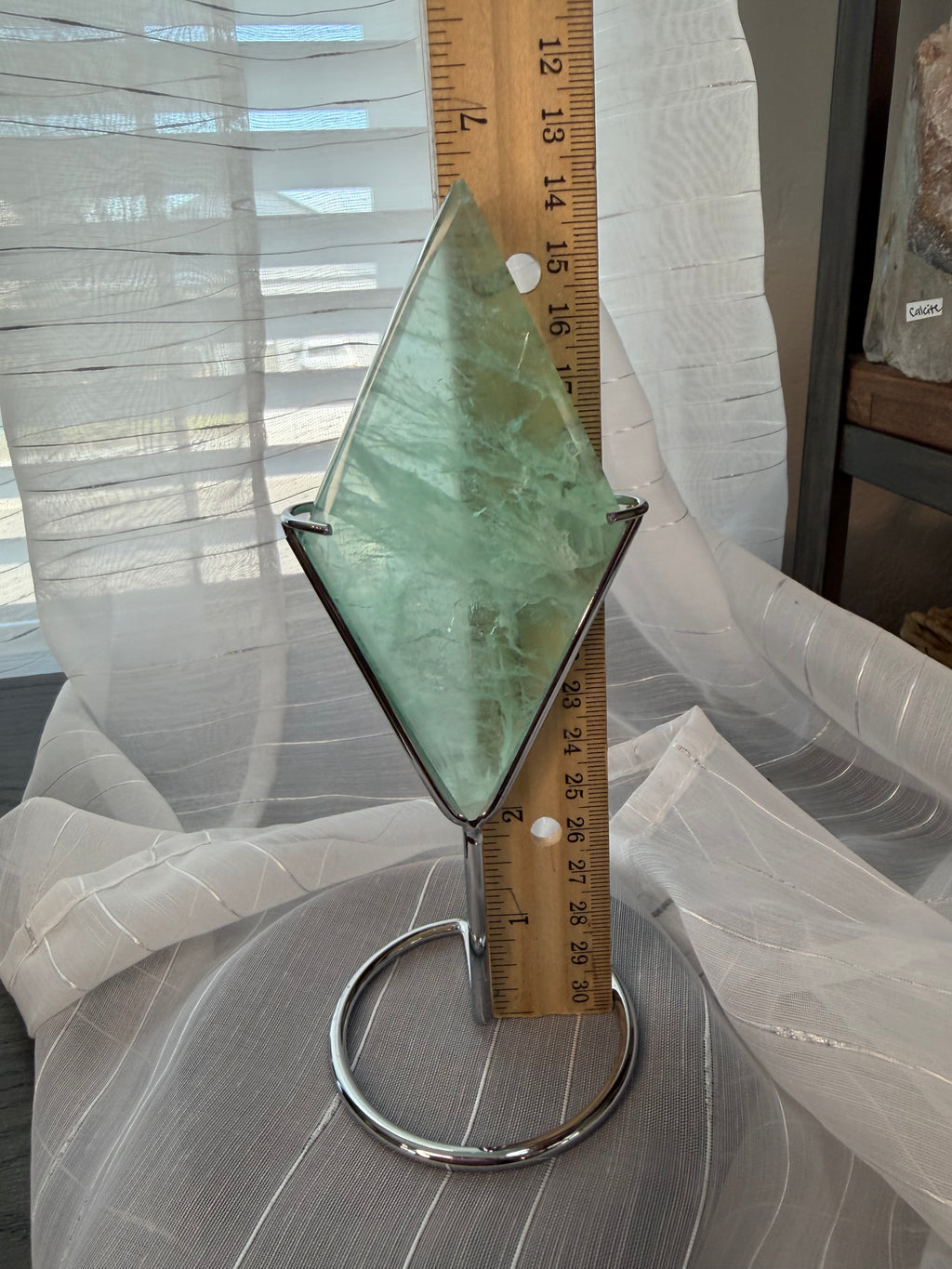 Green Fluorite Diamond Carving on Silver Metal Stand - UV Reactive Decor
