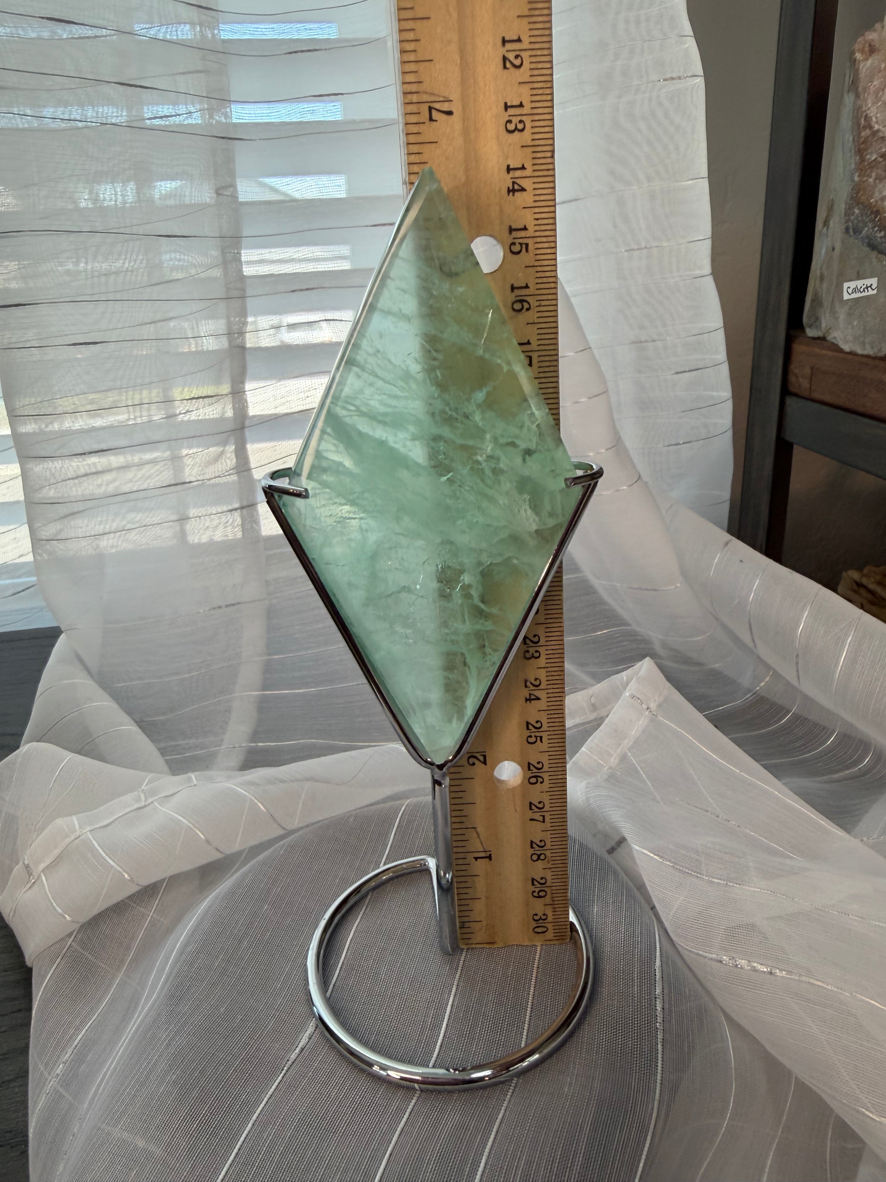 Green Fluorite Diamond Carving on Silver Metal Stand - UV Reactive Decor