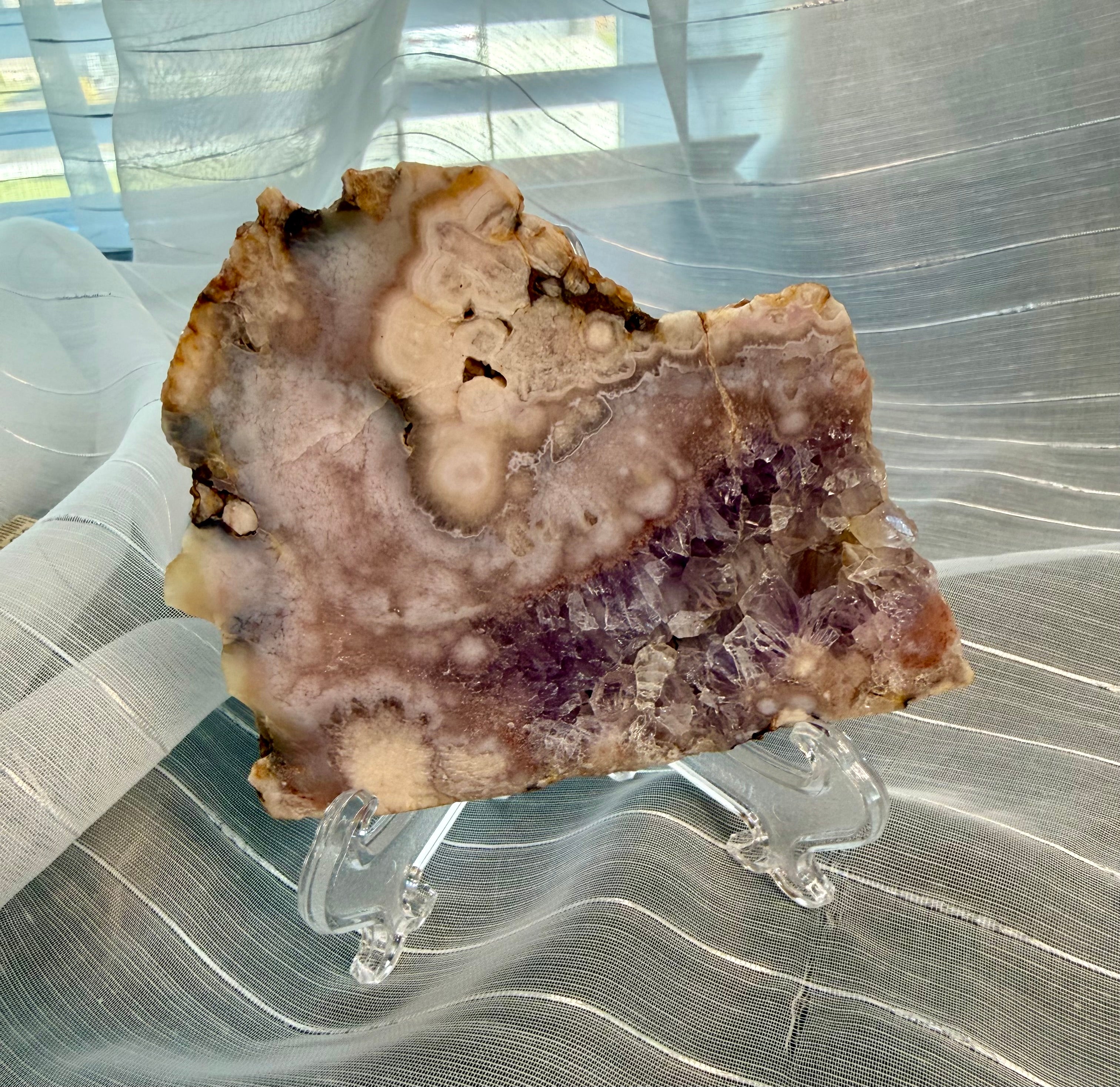 Pink Amethyst Flower Agate Slab with Stand - Natural Crystal Display
