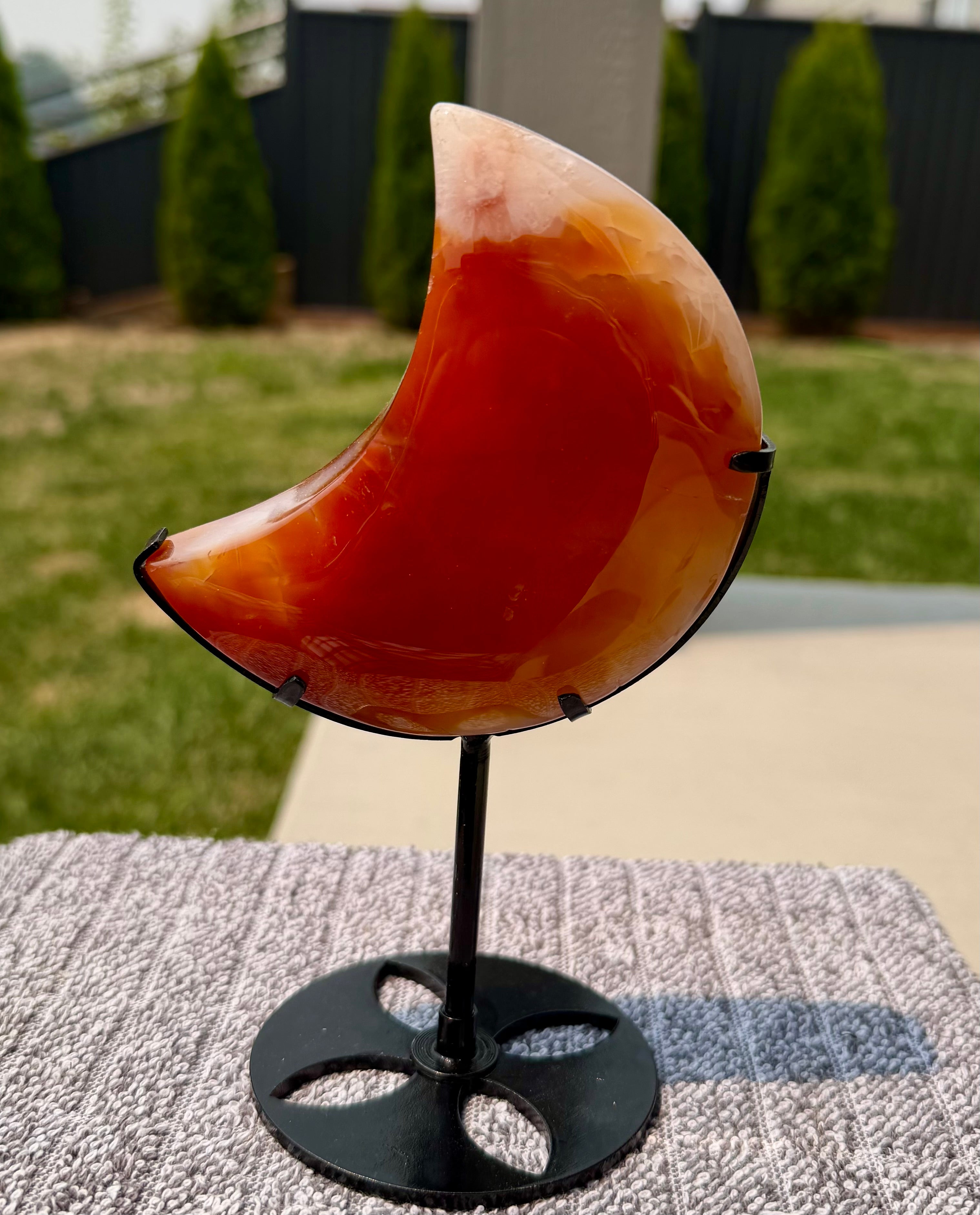 Carnelian Agate Crescent Moon on Stand - Natural Orange Stone 7" Display