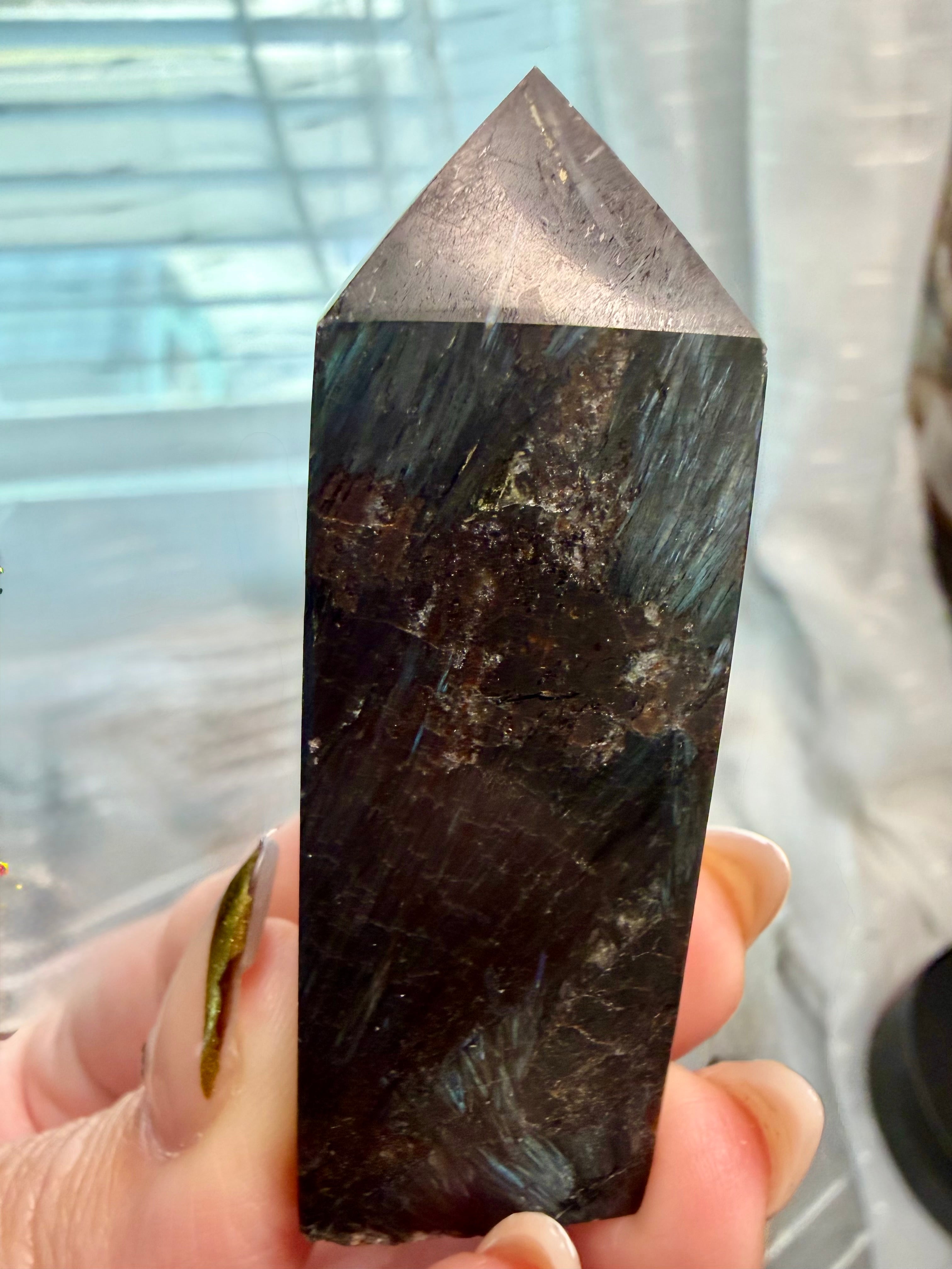 Arfvedsonite Polished Crystal Tower 2.5" - Black Stone with Blue Flash