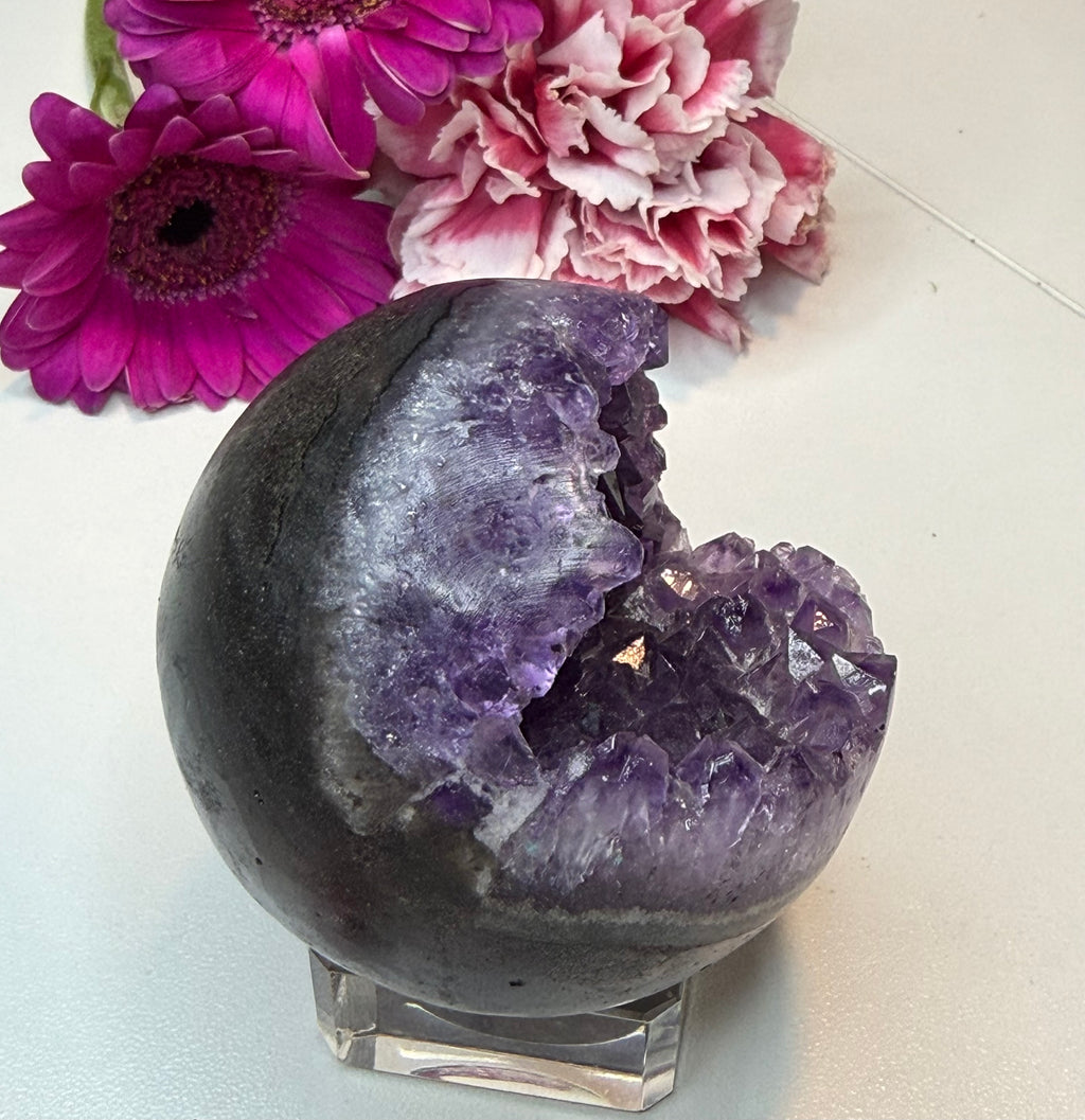 Amethyst ‘Pac-Man’ Geode Sphere with Stand - 60 mm