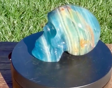 Argentine Blue Onyx Skull Carving - Banded Calcite Crystal Skull