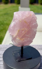 Large Natural Raw Rose Quartz Stone on Metal Stand