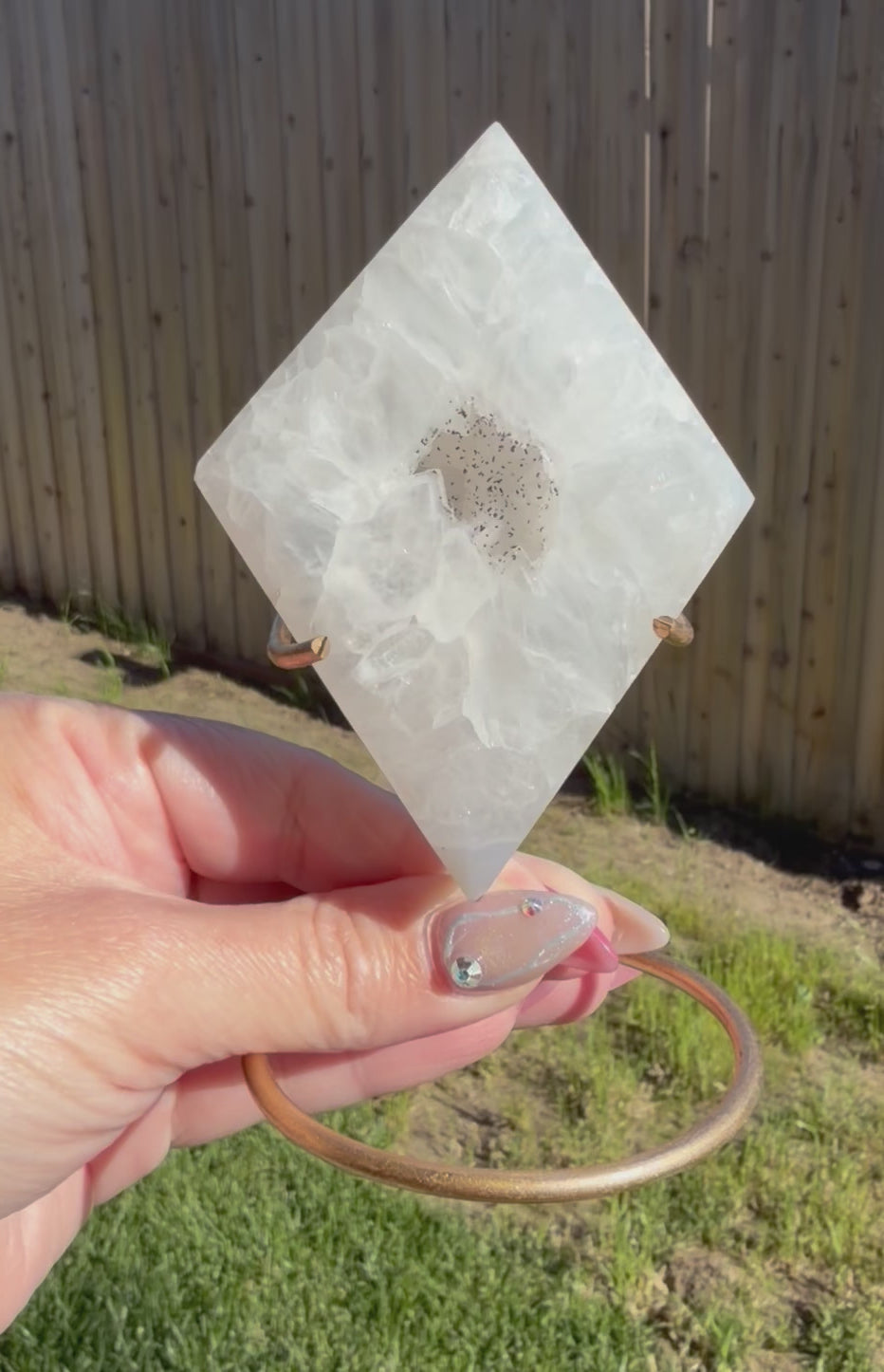 Druzy Quartz Crystal Diamond Carving on Gold Stand
