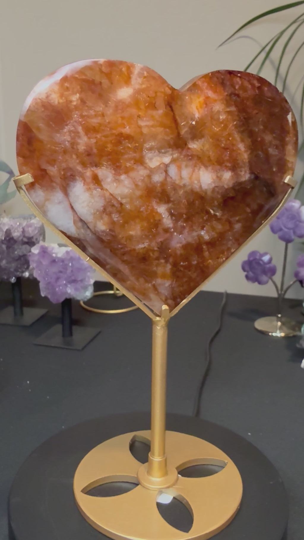 Golden Red Stone Heart on Stand - Large Polished Home Decor