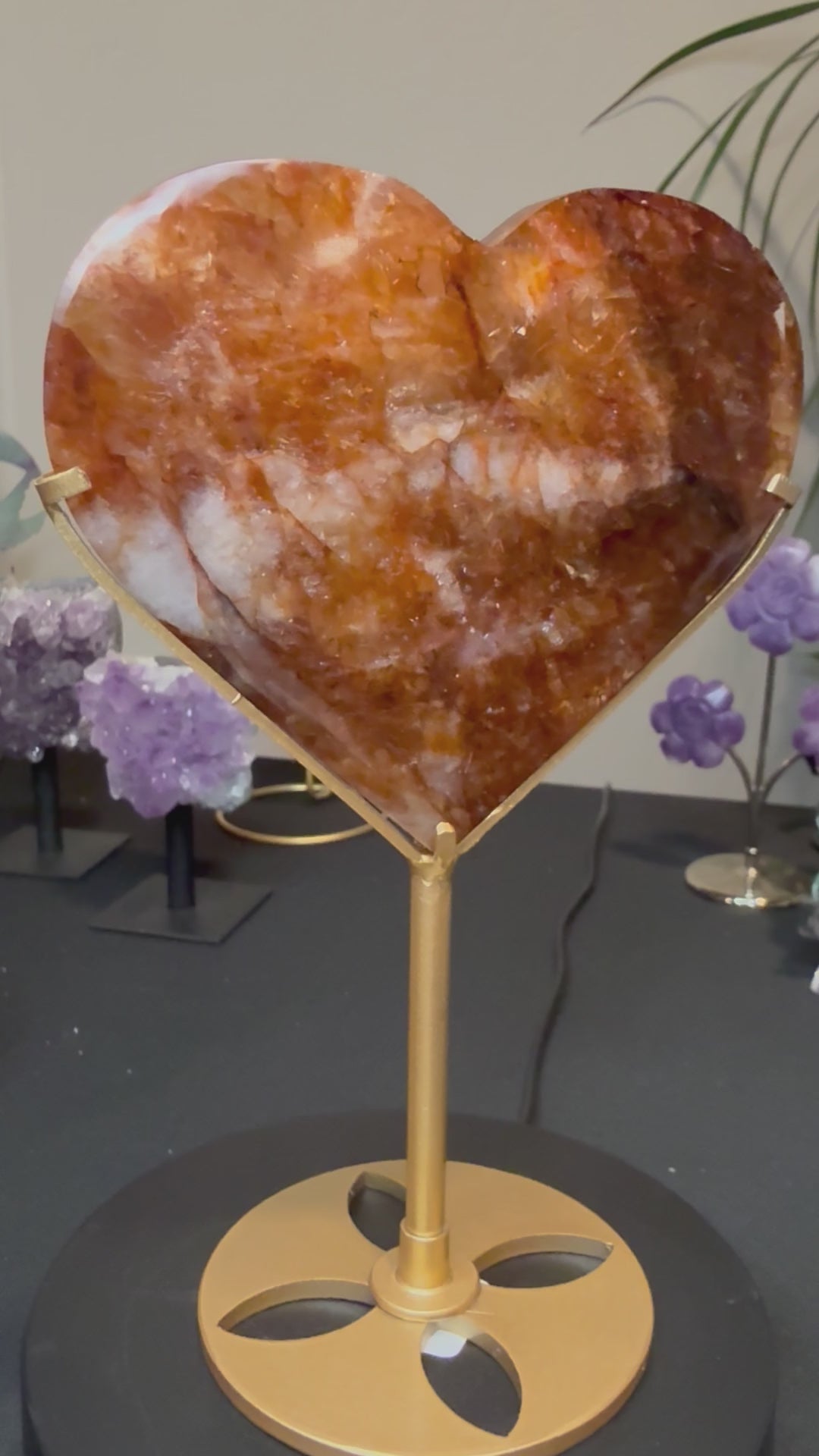 Golden Red Stone Heart on Stand - Large Polished Home Decor
